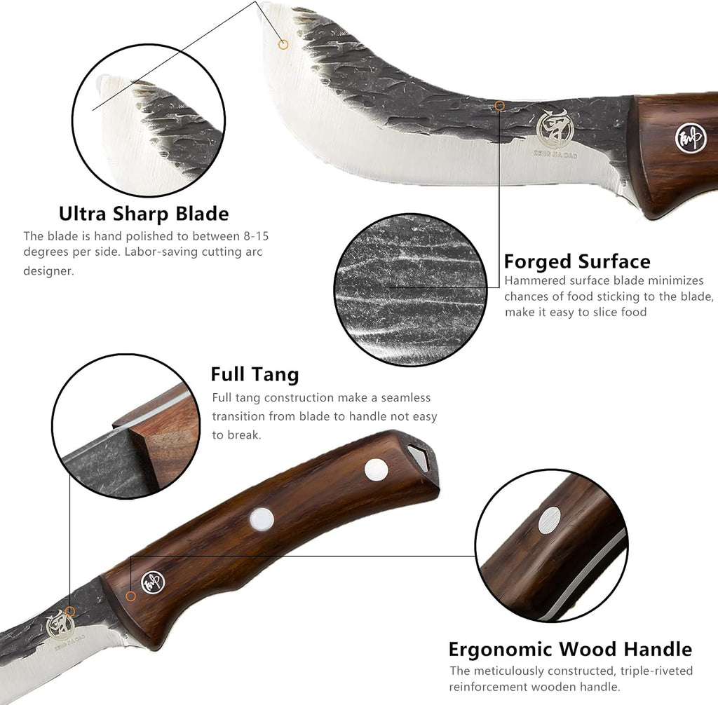Forged Wide Skinning Knife - Handmade Viking Boning Bushcraft Blade for Hunting and Kitchen - Full Tang with Wooden