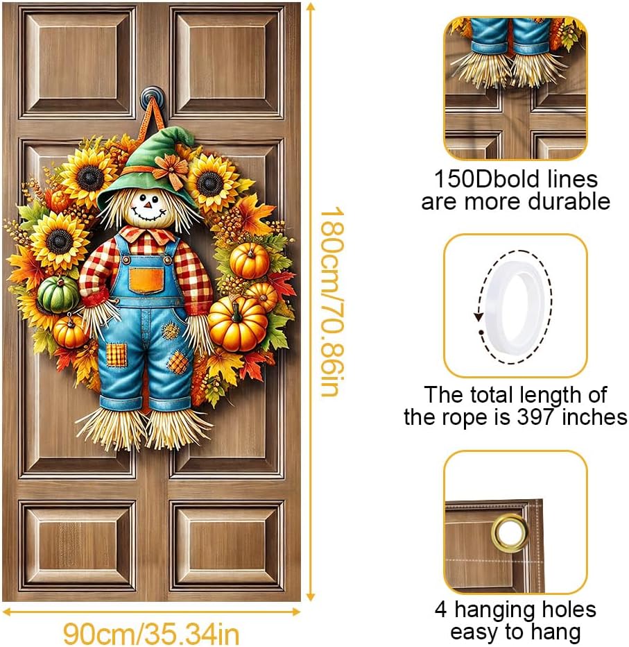Fall Scarecrow Sunflower Pumpkin Door Cover 35x70in Thanksgiving | Weather-tough 150D polyester with 4 grommets and