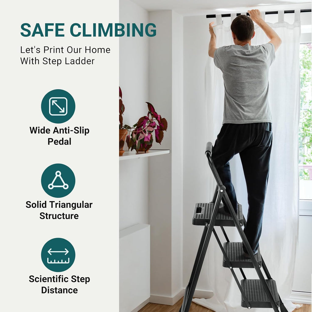Step Ladder, 3 Step Stool Foldable with Anti-Slip Pedal & Comfortable Handrail, 800lbs Capacity Sturdy Steel Ladder