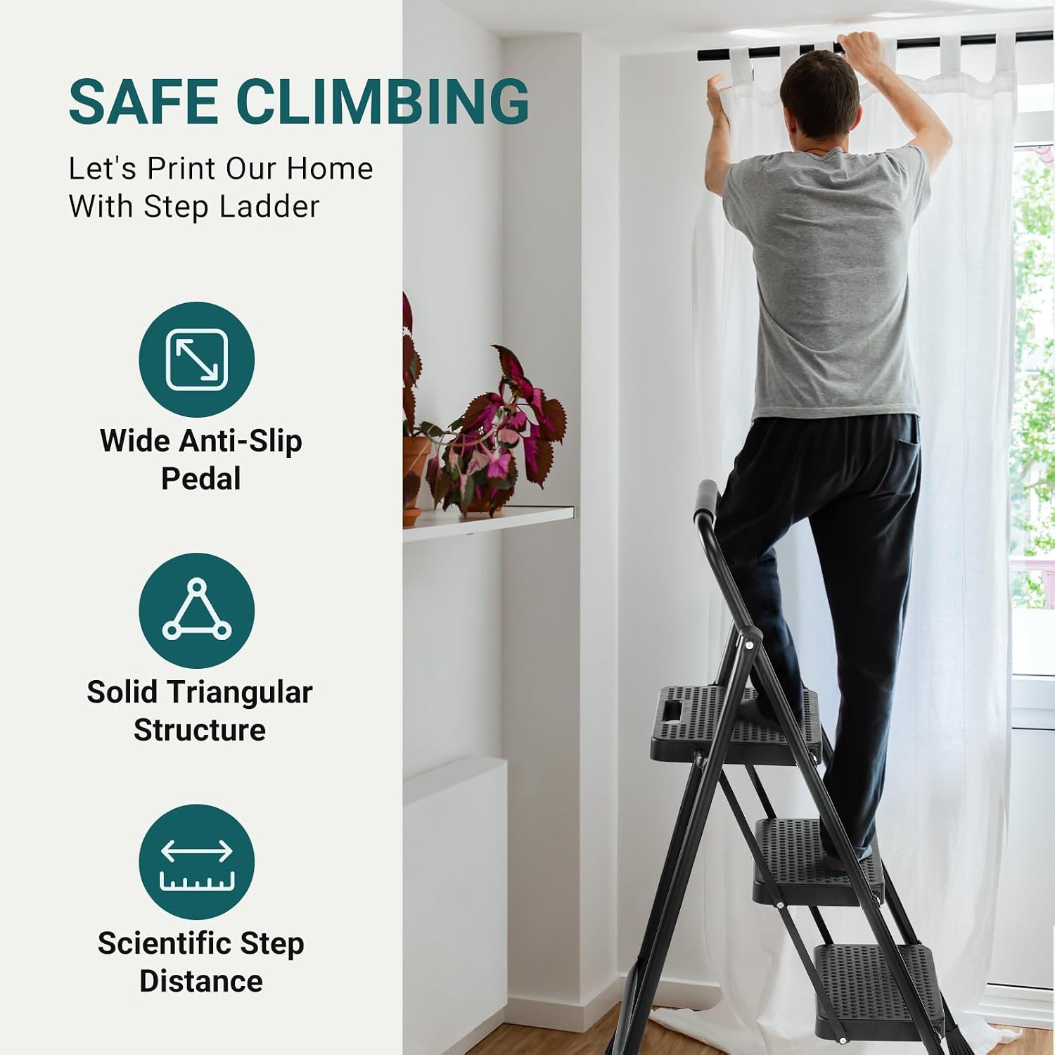 Step Ladder, 3 Step Stool Foldable with Anti-Slip Pedal & Comfortable Handrail, 800lbs Capacity Sturdy Steel Ladder