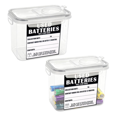2 Pack Battery Disposal Container, 0.34 Gallons Capacity Dry Cell Recycling Bin with 2 Labels for Home Office Use(Clear)