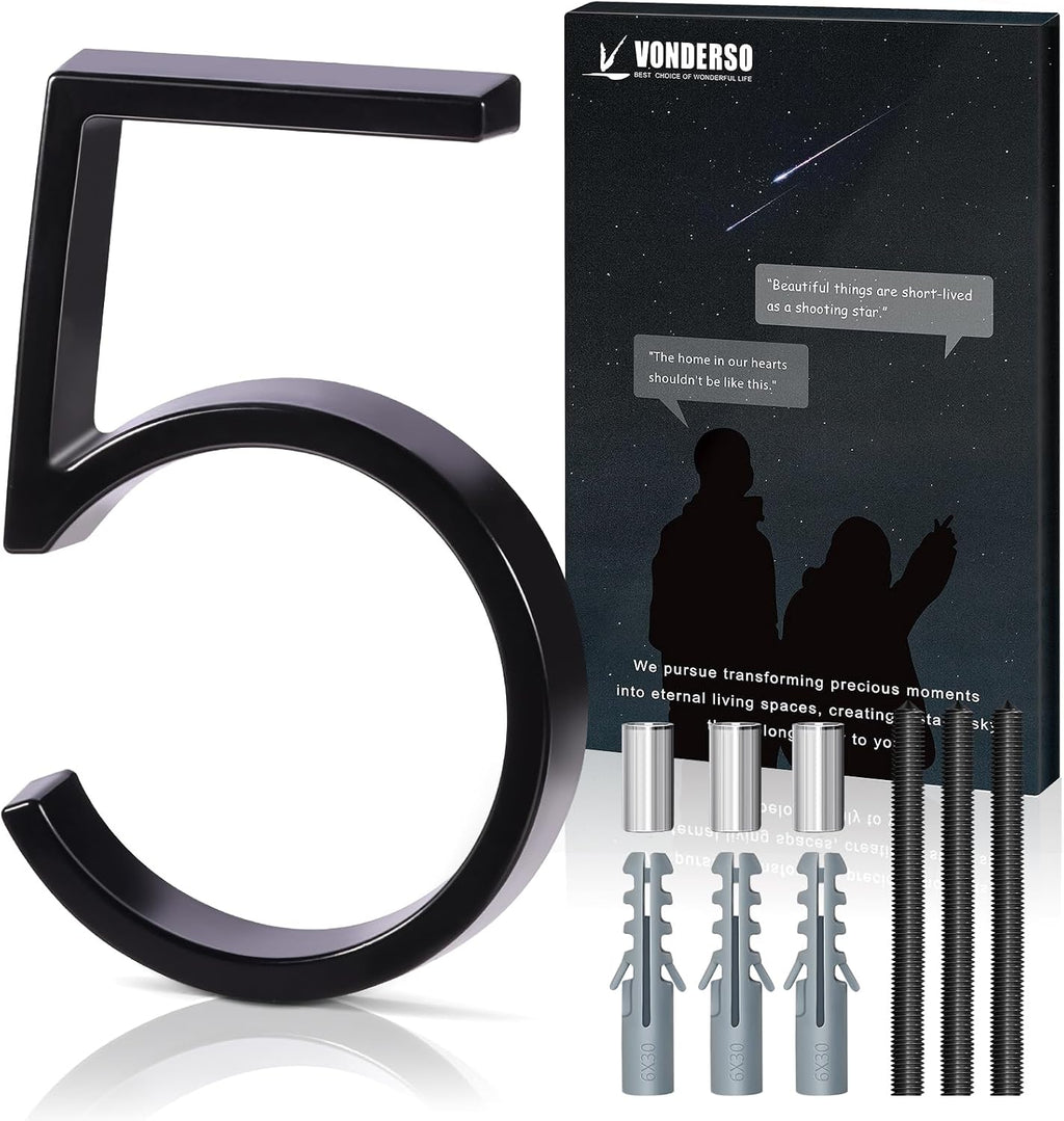 5 Inch Floating House Numbers for Outside, Modern Metal Anti-Rust Address Numbers（5）, Zinc Alloy Black Floating