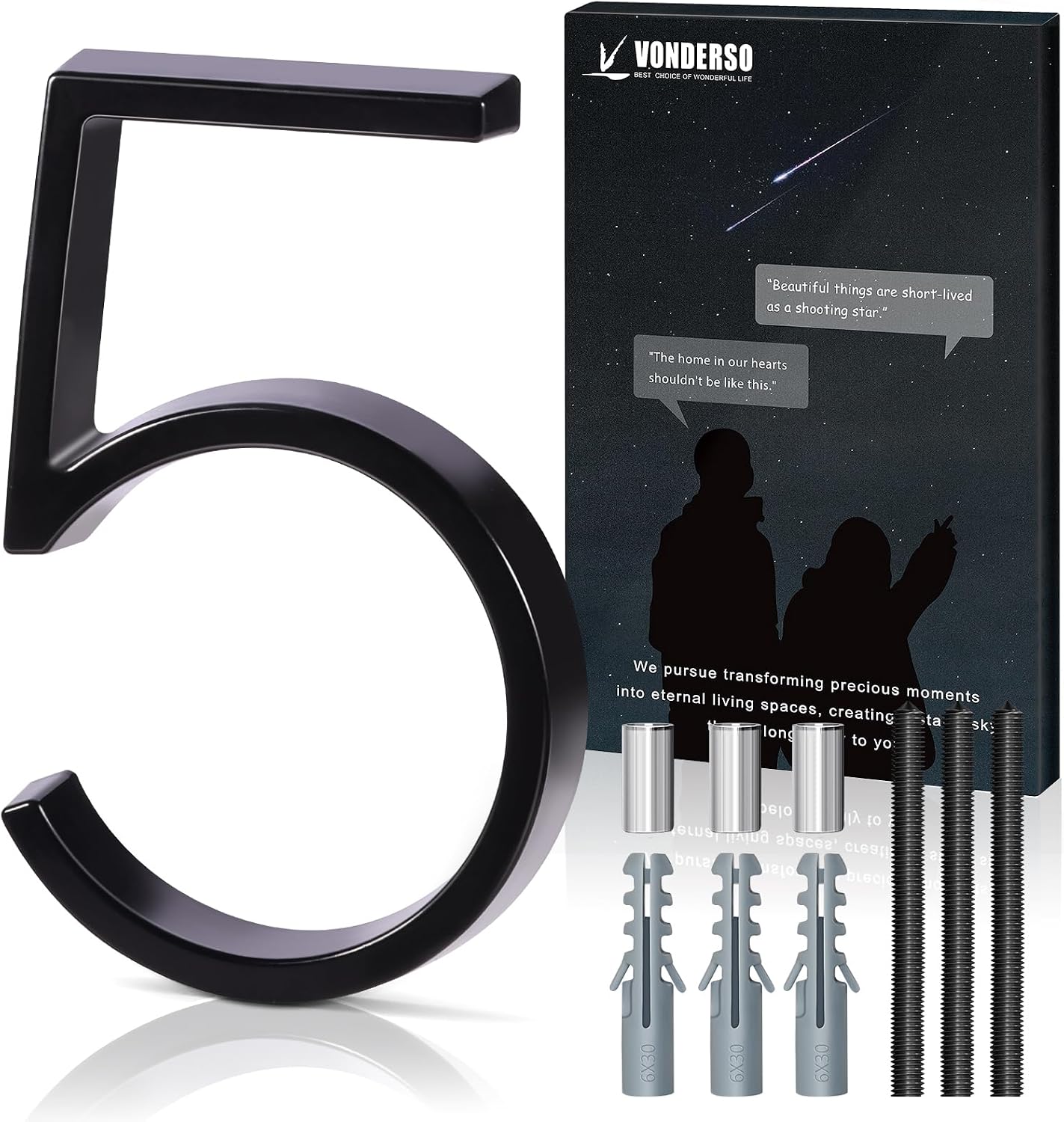 5 Inch Floating House Numbers for Outside, Modern Metal Anti-Rust Address Numbers（5）, Zinc Alloy Black Floating
