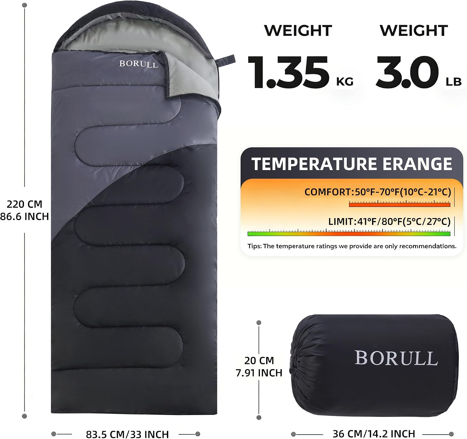 Lightweight Sleeping Bags for Adults & Kids, Backpacking & Scouts, Compact | 3lb, packs 8"x14". Left-zip Pairs with