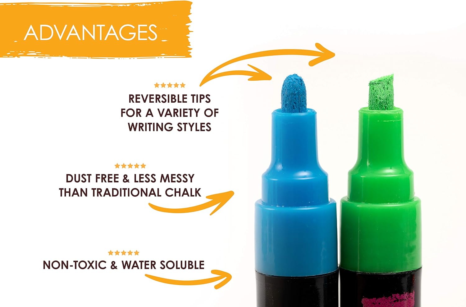 Chalk Markers - 8 Vibrant, Erasable, Non-Toxic, Water-Based, Reversible Tips. For Glass or Chalkboard Markers for