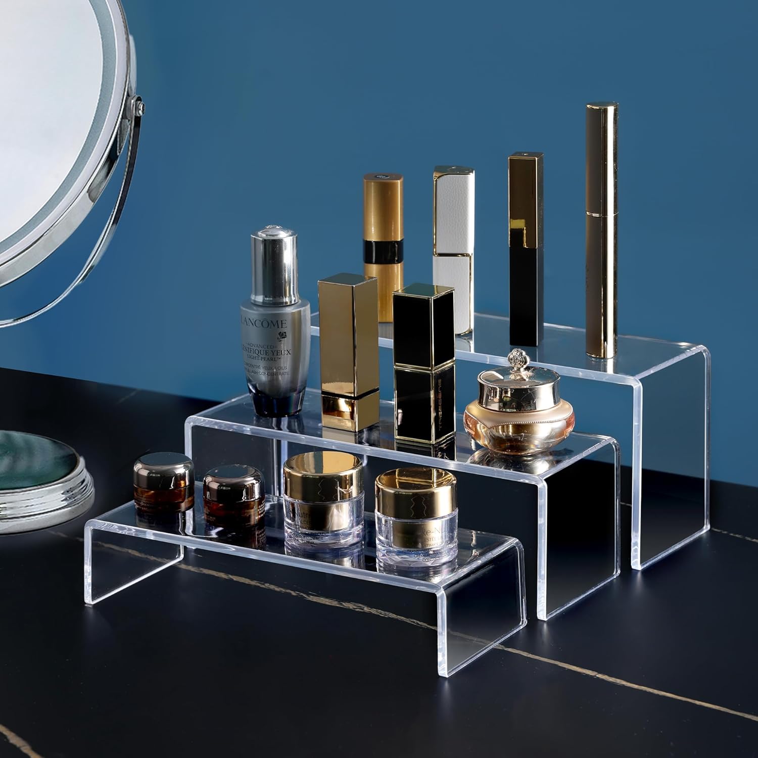 Display Risers, 6 Pcs(7.9”L~8.3”L~8.7”L) Rectangular Clear Acrylic Showcase Collectibles Display Stands Suitable for
