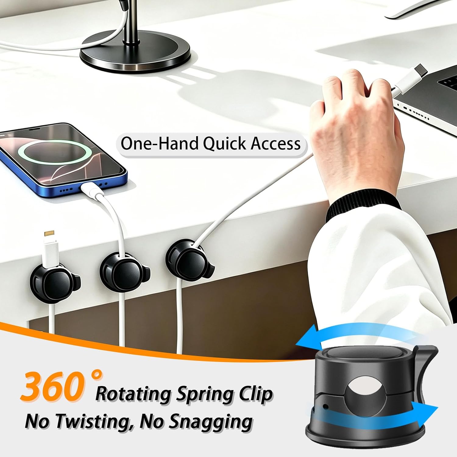 Cable Management Kit, 6 Spring Clips 360 Rotating, 3 Power Strip Holders, 67 Cord Clips, 5 Silicone Straps, 2