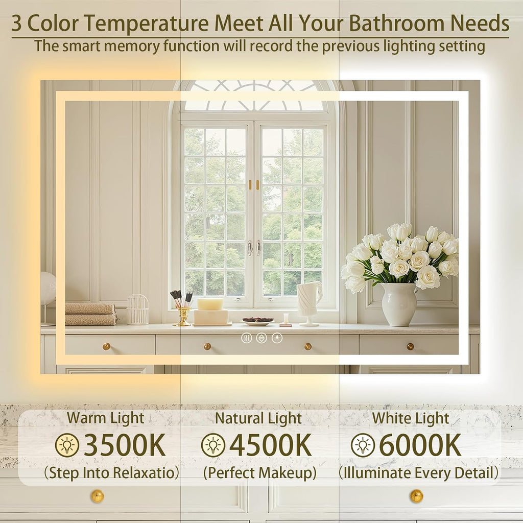 36"x60" LED Bathroom Mirror with Lights, Anti-Fog, Backlit+Frontlit | CRI 95, Stepless Dimmable, 3 Colors Lighting