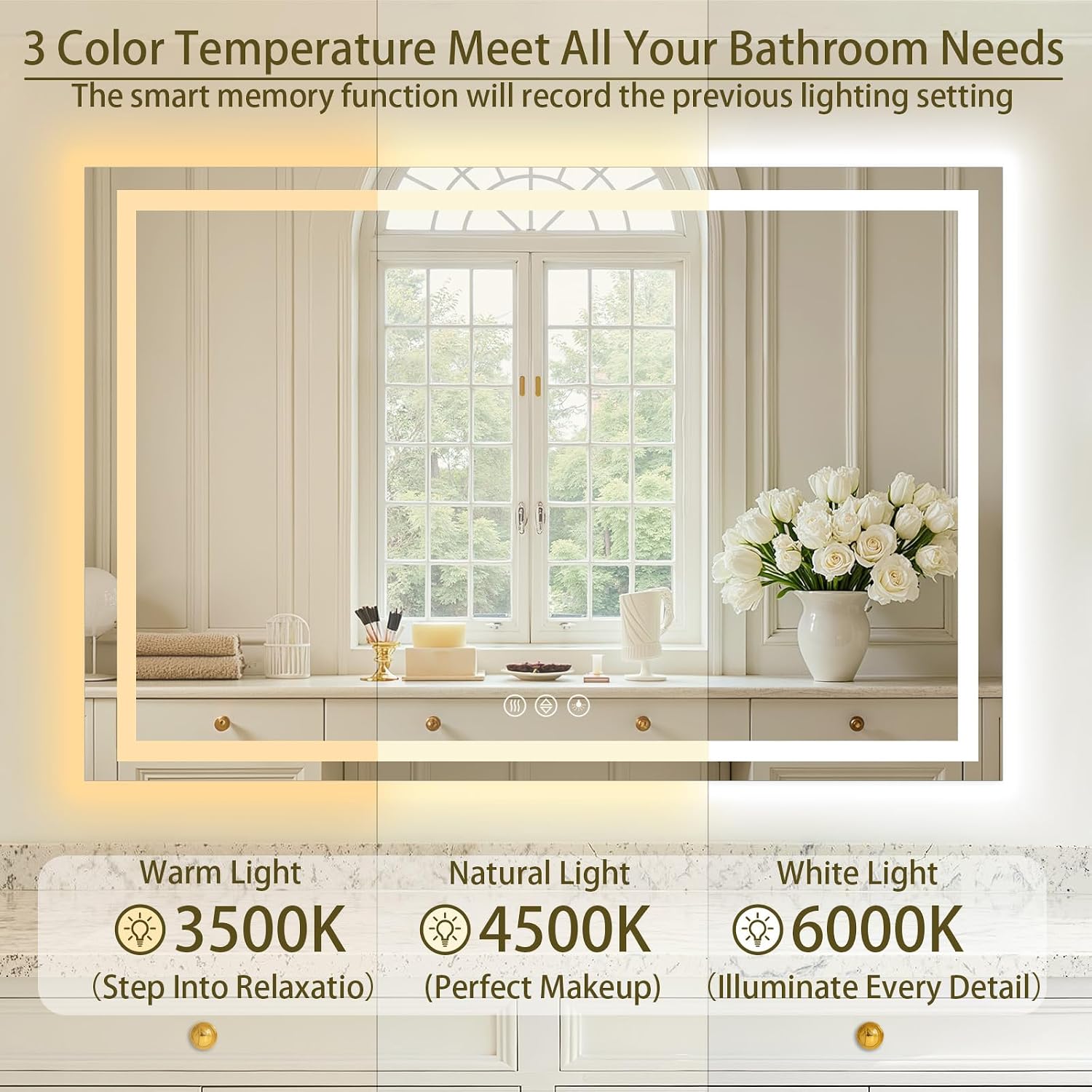 36"x60" LED Bathroom Mirror with Lights, Anti-Fog, Backlit+Frontlit | CRI 95, Stepless Dimmable, 3 Colors Lighting