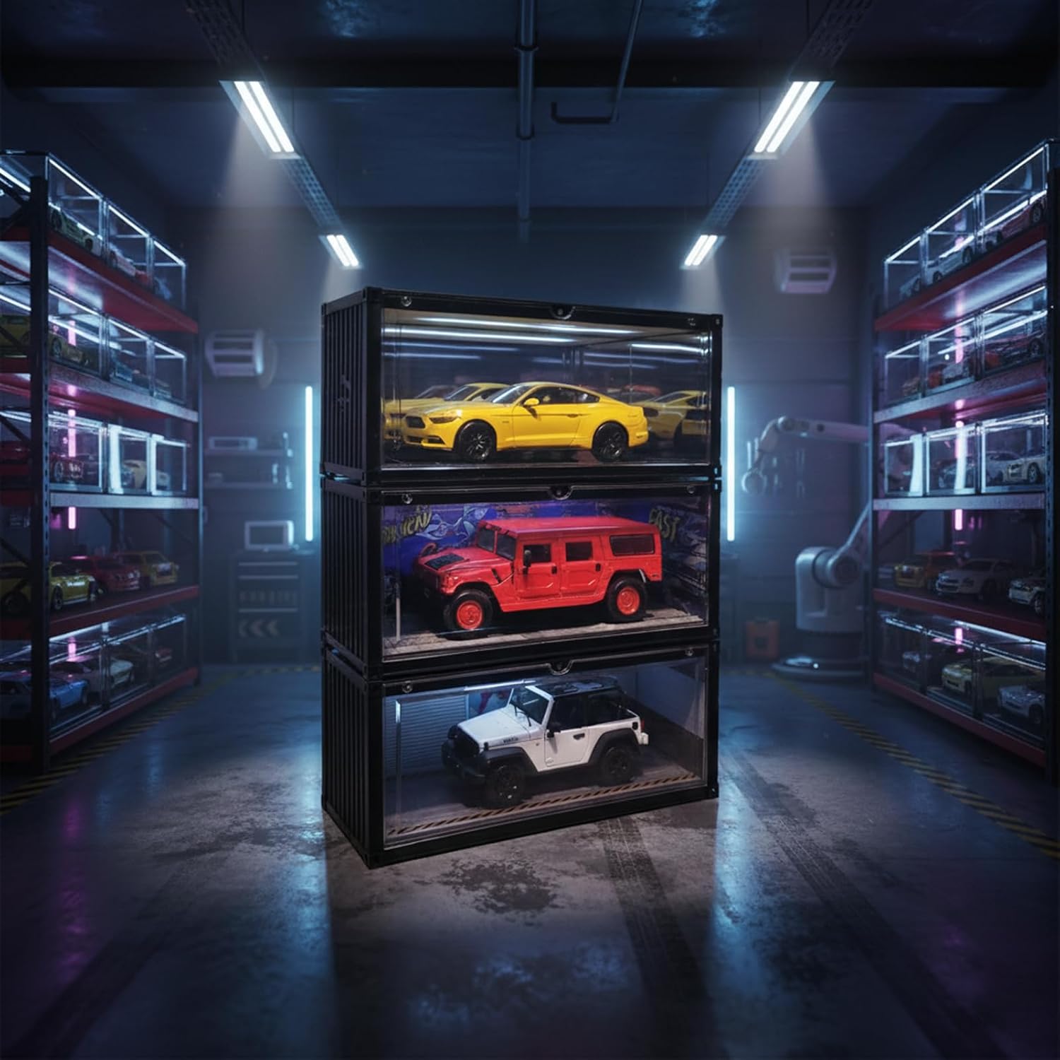 Display Case with LED Light for 1/18 Scale Model Car | Shipping Container Style Garage Diorama Show Case - Concrete