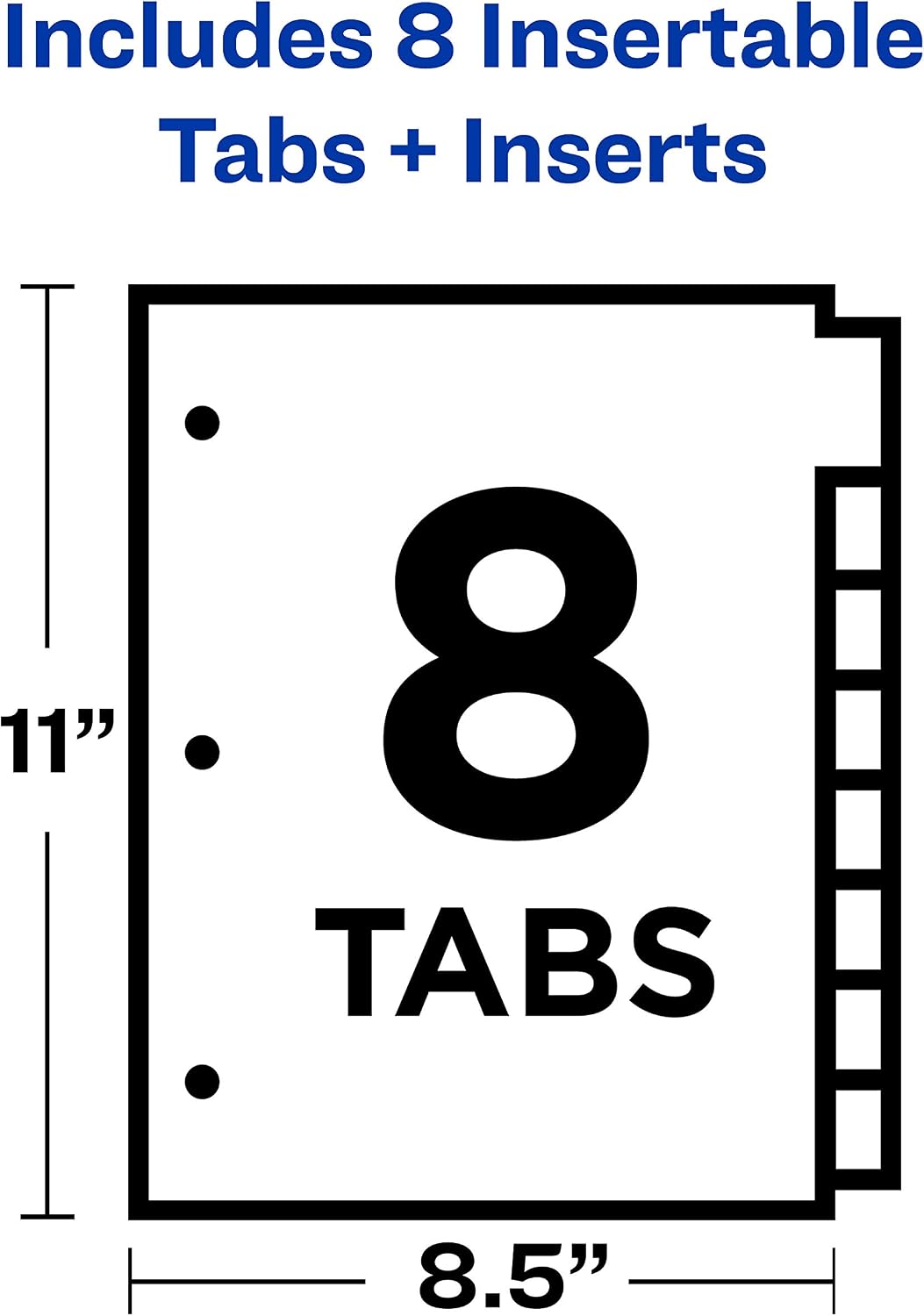 Big Tab Insertable Plastic 2 Pocket Dividers for 3 Ring Binders, 8 Tab Set, Bright Two-Tone Multicolor, Works with