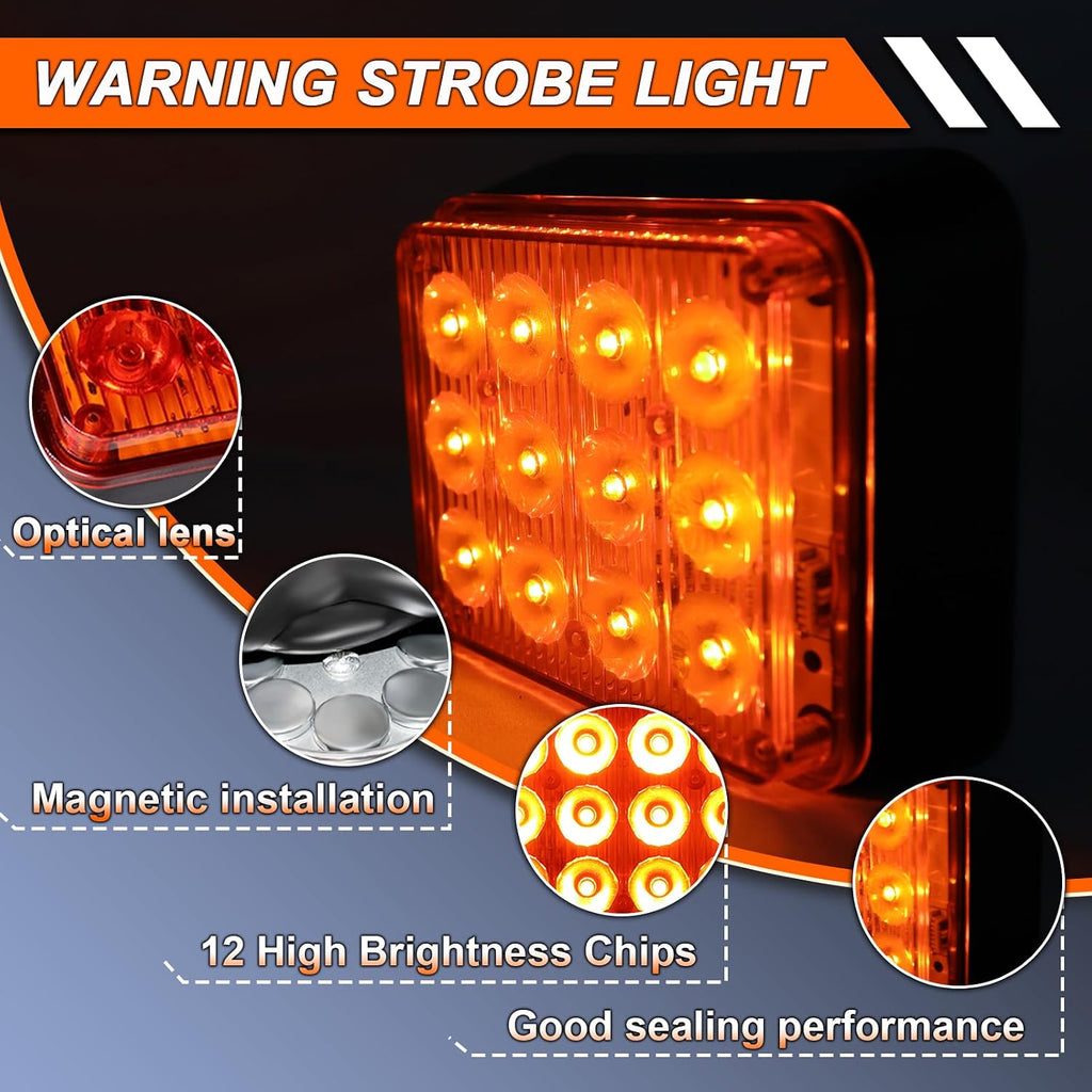 12-Led Amber Emergency Strobe Lights 2PCS | Magnetic Flashing Safety Rechargable Beacon Light for Trucks Cars Vans