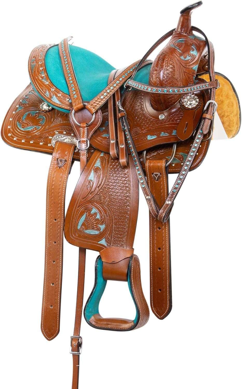 Western Leather Barrel Saddle Floral Embossed Tooled Trail Rodeo Horse Saddle with Matching Headstall, Reins and