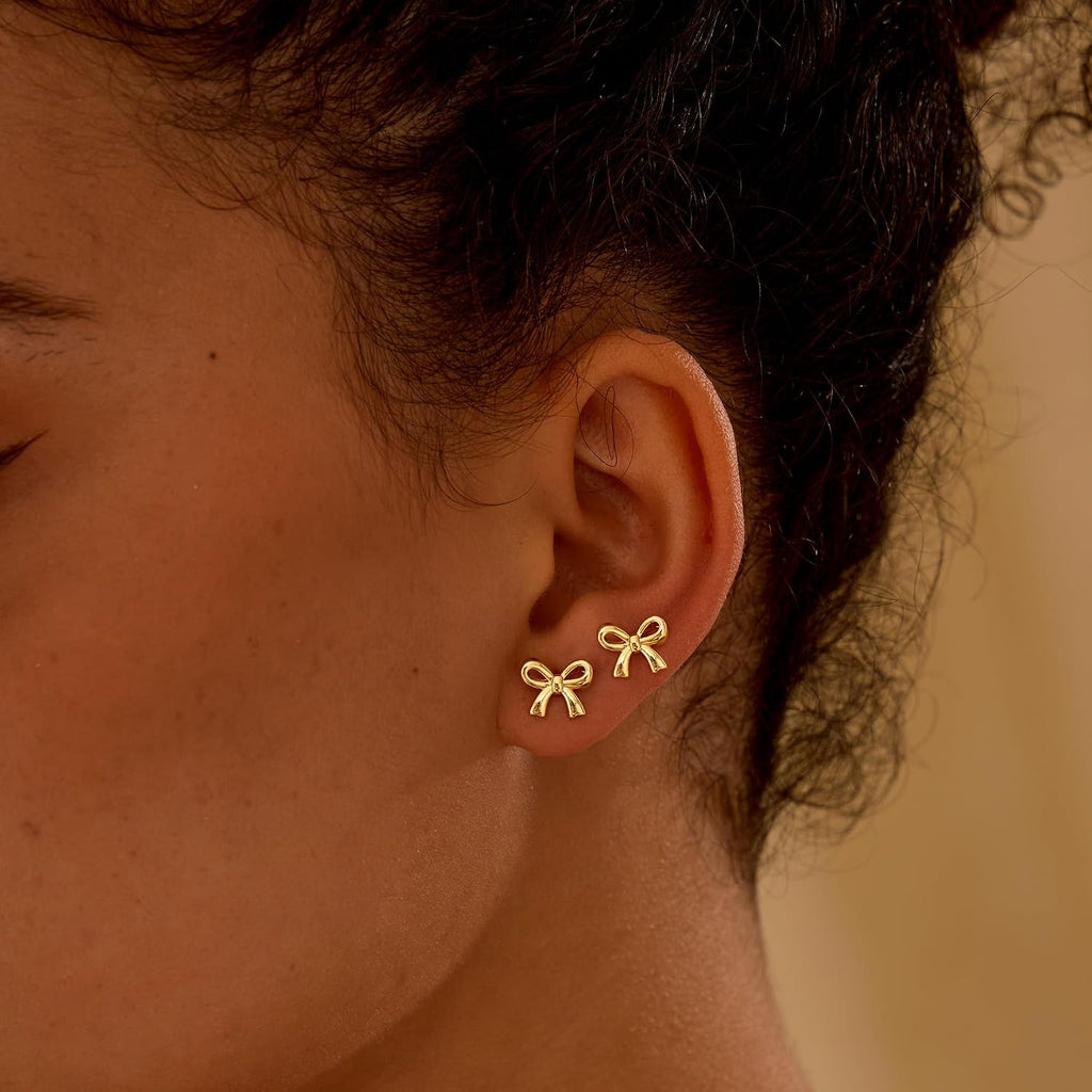 Gold Earrings for Women, 14k Gold Plated Bow Ribbon Earrings Hypoallergenic Non-Tarnish Dainty Cute Stud Tragus