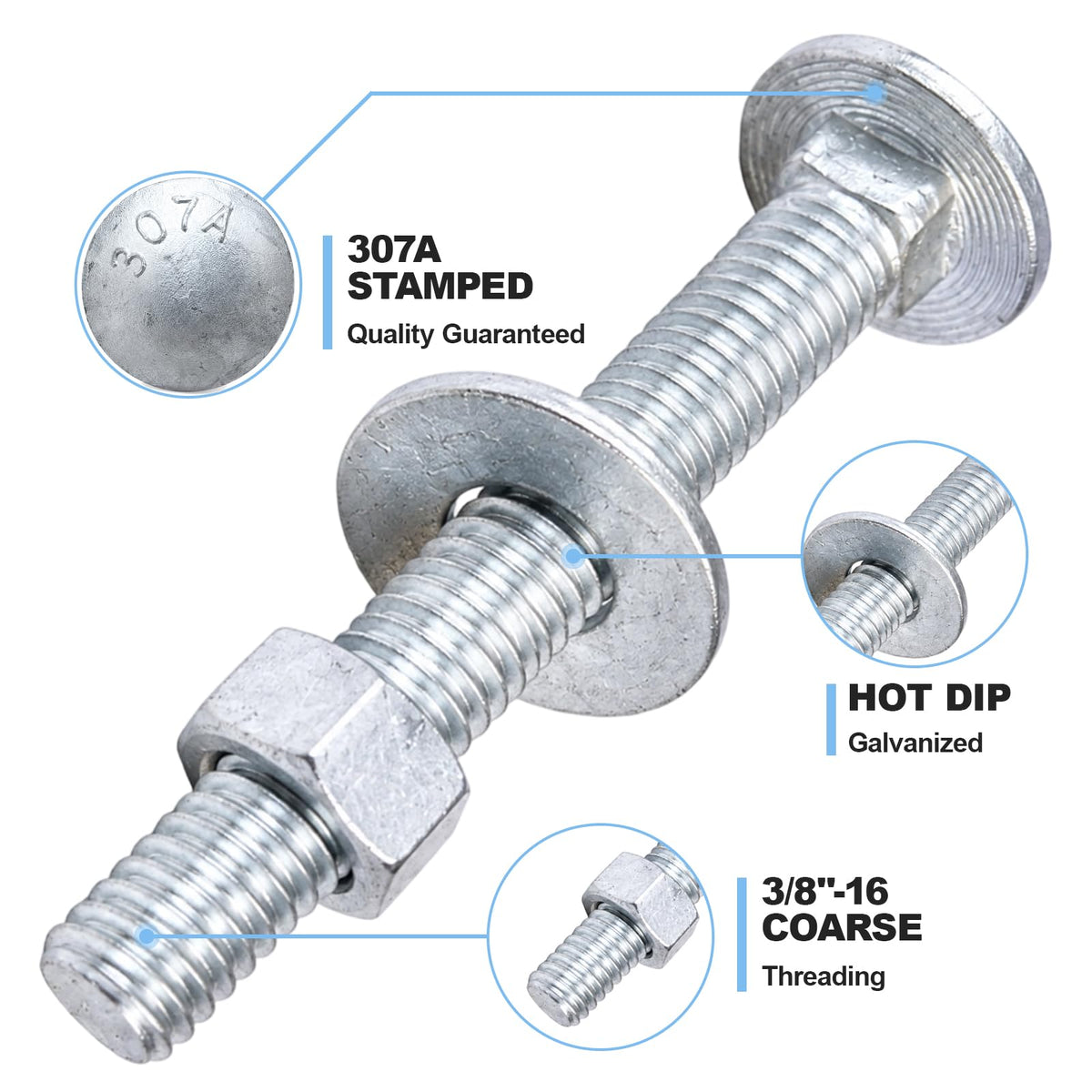 3/8" x 8" Carriage Bolt Kit 50 Pack, Grade 307A, Hot Dip Galvanized Carriage Bolt Set, Rust Resistance, Includes Hex