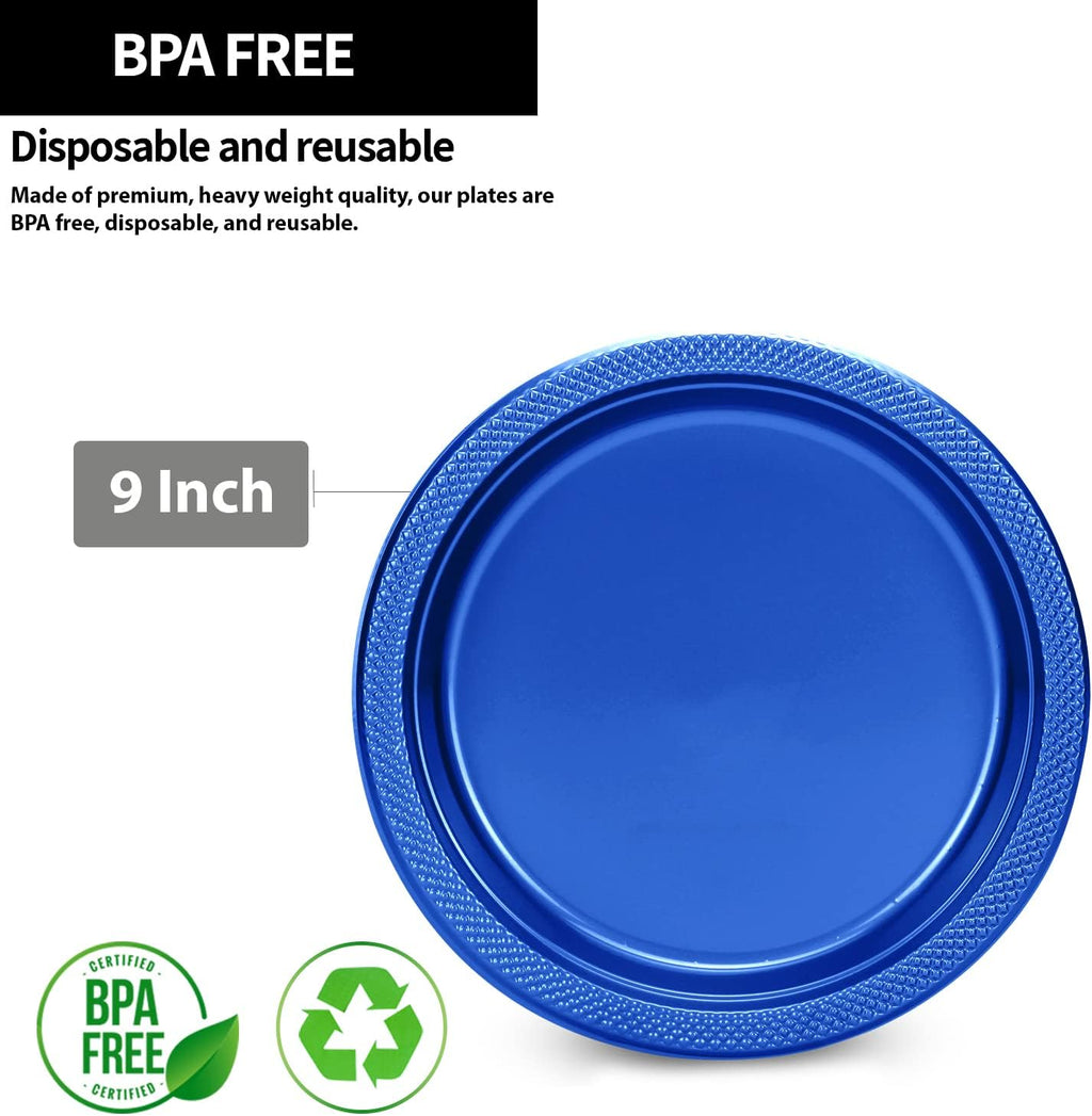 Blue Plastic Plates 9 Inch - 50 count - Plastic Solid Round Party Plates For Weddings, BBQs, Birthday Plates