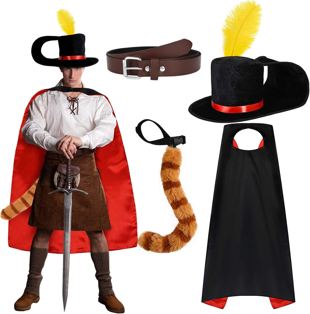 4 Pcs Halloween Puss Costume Cat Outfit Hat with Feather Belt Cat Tail Cape for Halloween Adult Women Men Cosplay