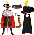 4 Pcs Halloween Puss Costume Cat Outfit Hat with Feather Belt Cat Tail Cape for Halloween Adult Women Men Cosplay