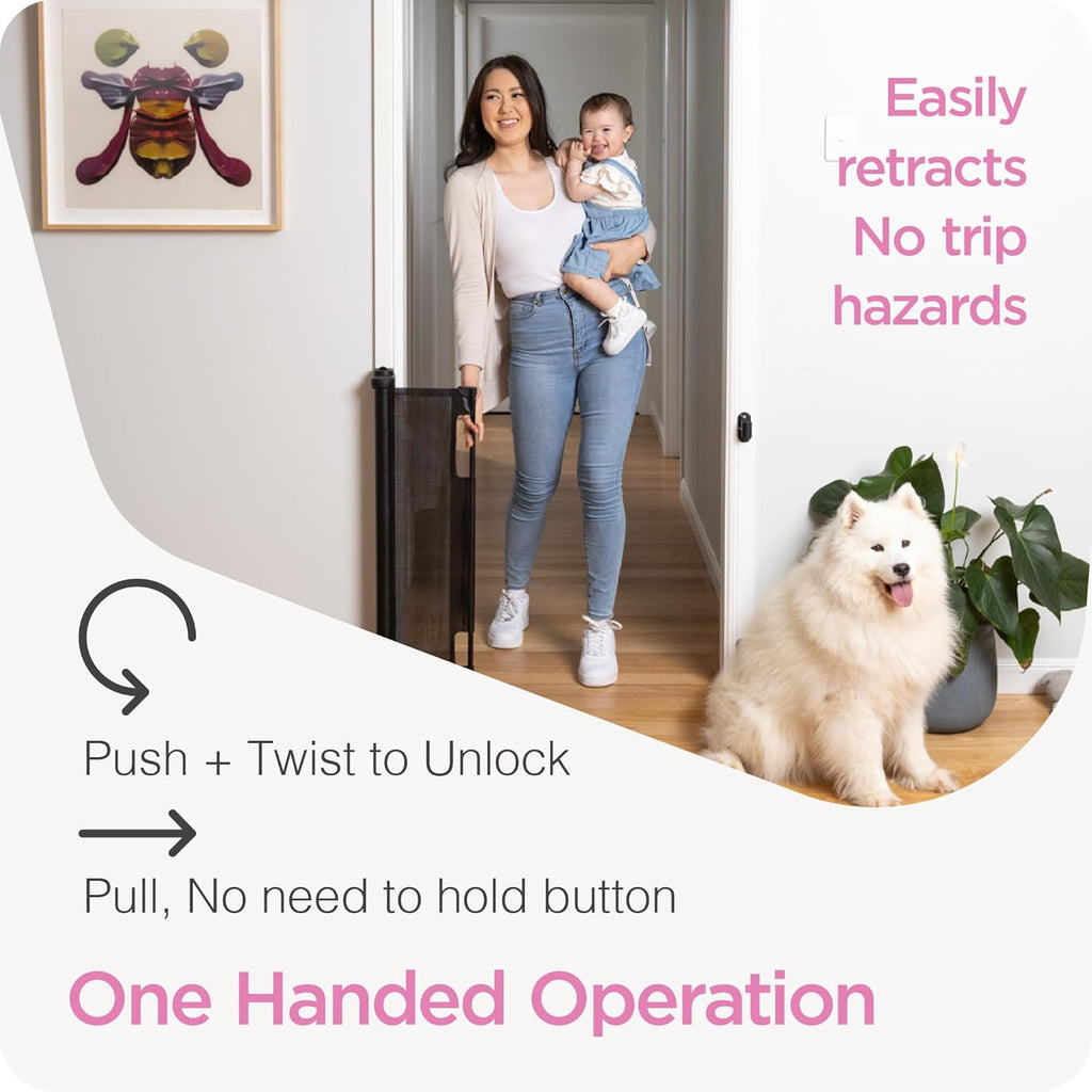 Retractable Baby Gate Perma Child Safety 33" Tall x 55” Wide, Mesh, for Stairs, Doorways, Dogs, Pets, Indoor