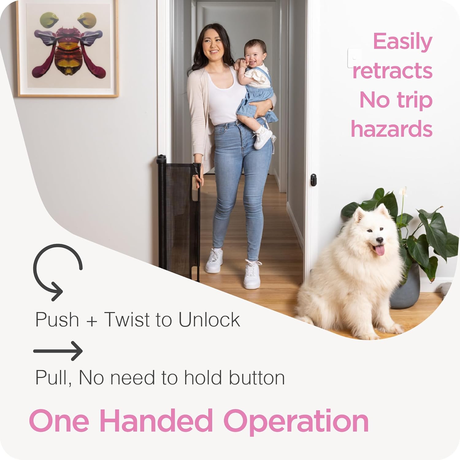 Retractable Baby Gate Perma Child Safety 33" Tall x 55” Wide, Mesh, for Stairs, Doorways, Dogs, Pets, Indoor