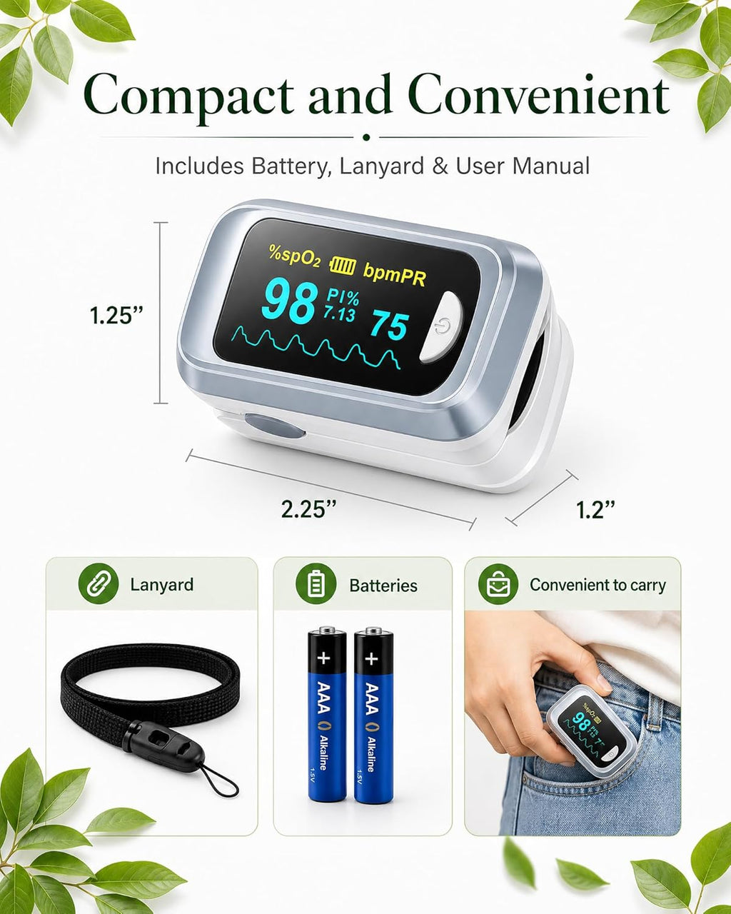 Fingertip Pulse Oximeter Blood Oxygen Saturation Monitor Pulse Ox, Heart Rate and Fast Spo2 Reading Oxygen Meter with
