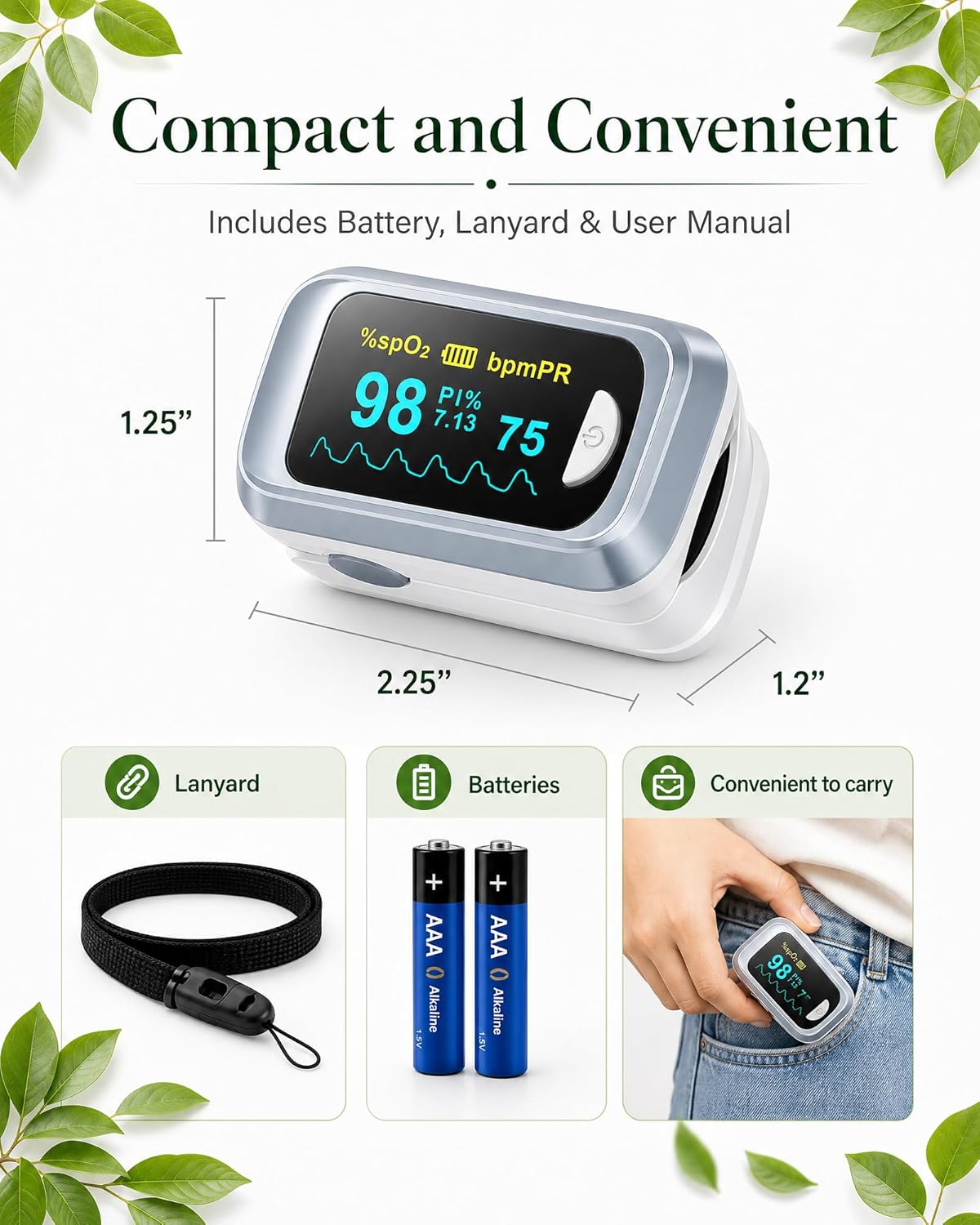 Fingertip Pulse Oximeter Blood Oxygen Saturation Monitor Pulse Ox, Heart Rate and Fast Spo2 Reading Oxygen Meter with