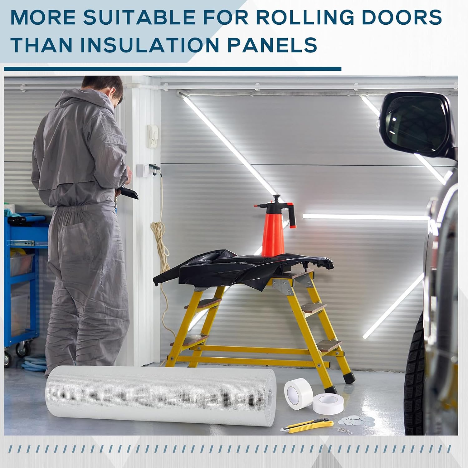 Roll up Garage Door Insulation Kit for Cooling Metal Buildings White Reflective Foam Aluminum Foil Summer Barrier