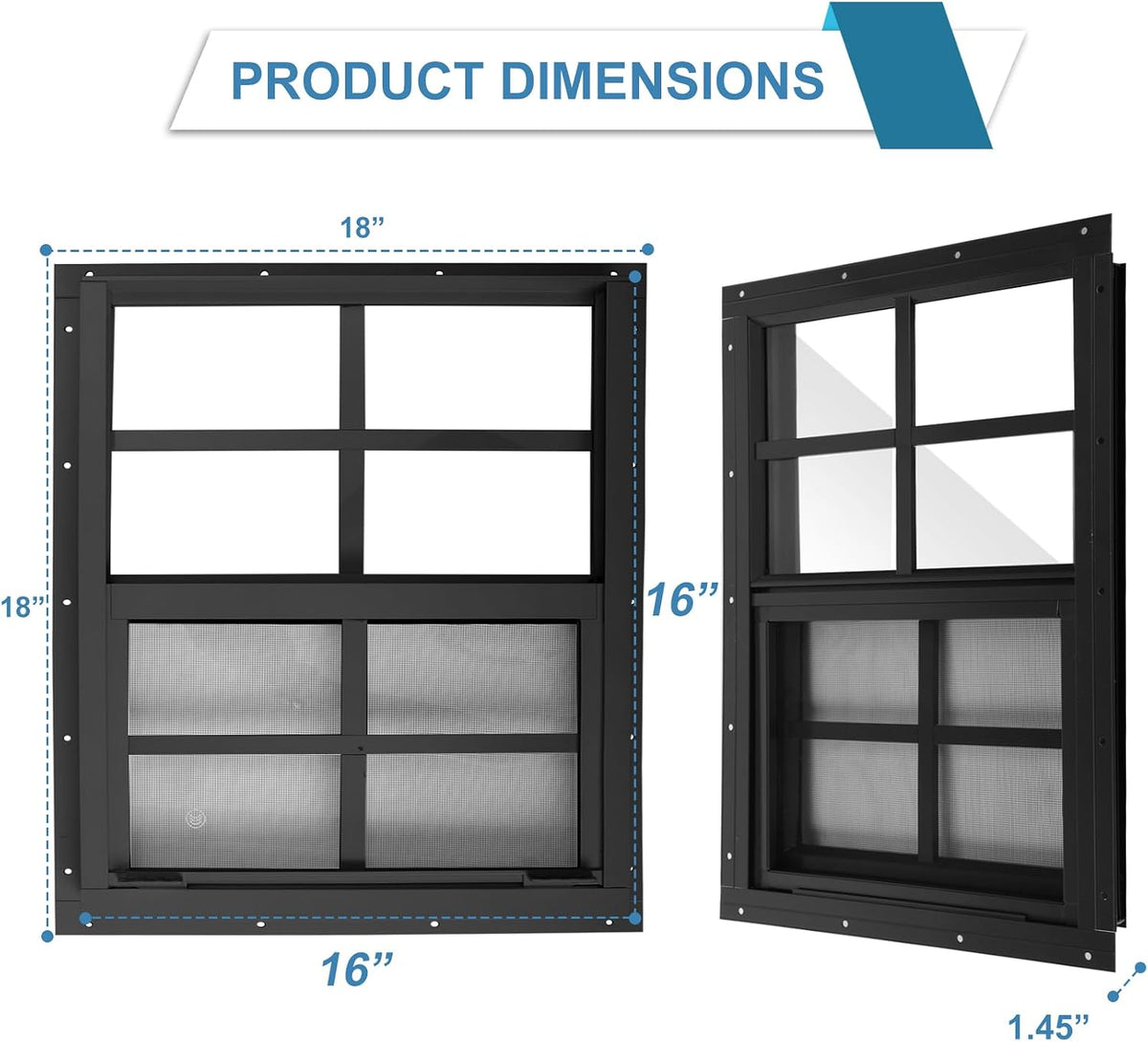 16" W x 16" H Shed Window,Sliding Window, Aluminum Grey Flush Mount with Tempered Glass and Stainless Steel Screen