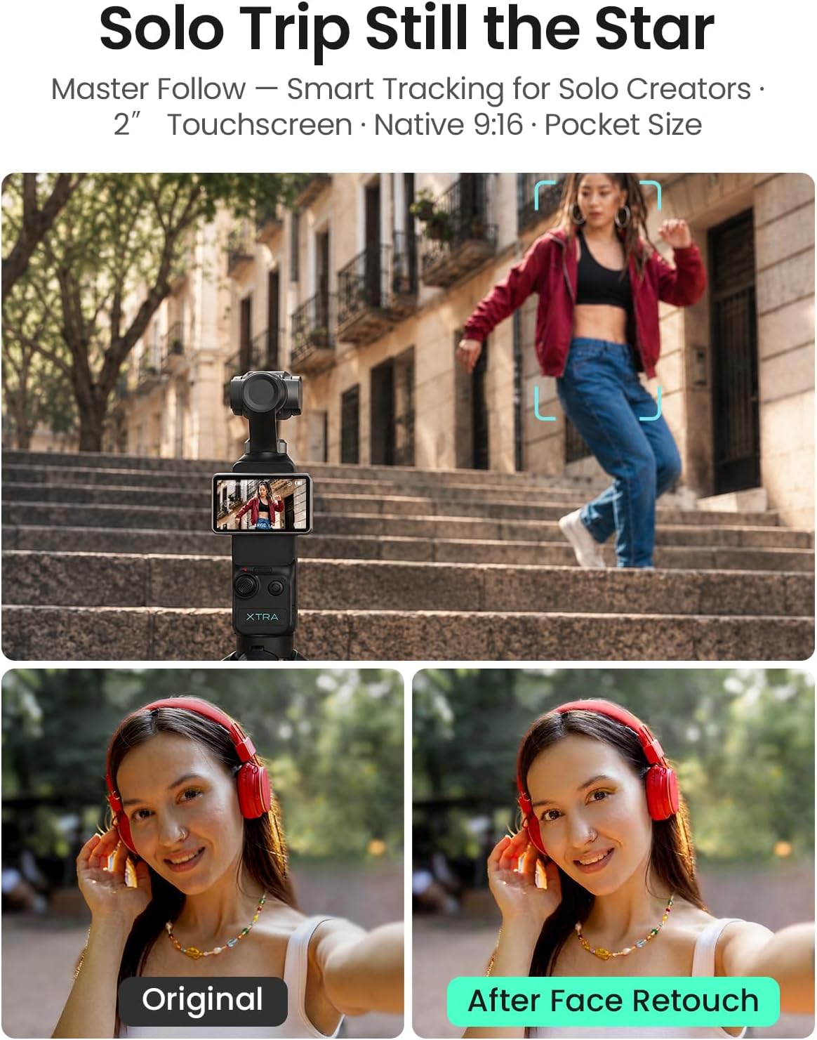 Xtra Muse, Vlogging Camera with 1'' CMOS & 4K/120fps Videos, Pocket Camera with 3-Axis Gimbal Stabilizer, Fast