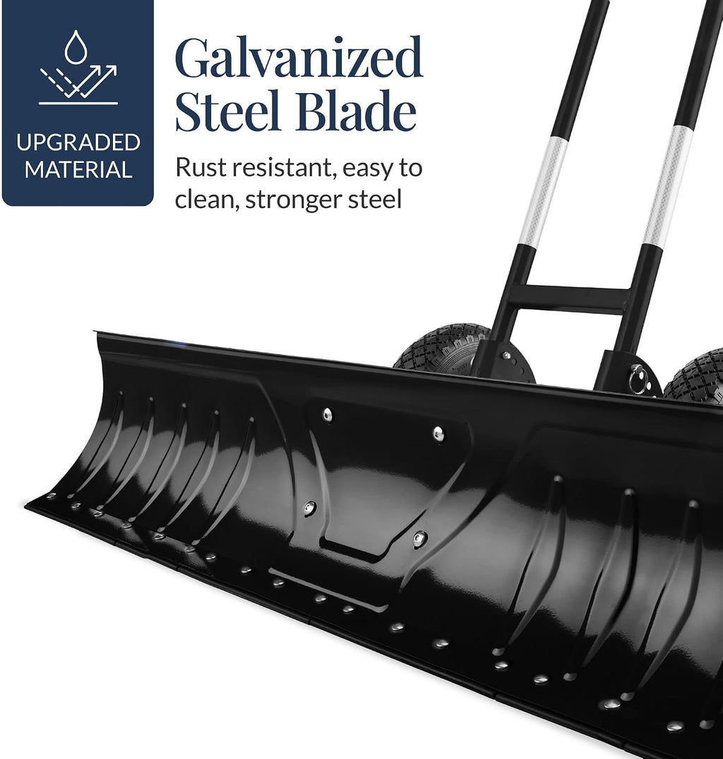 48in Heavy-Duty 2-Wheel Snow Pusher Hand Plow for Snow Removal w/Wheels, Adjustable Handle, Blade Angle - Black