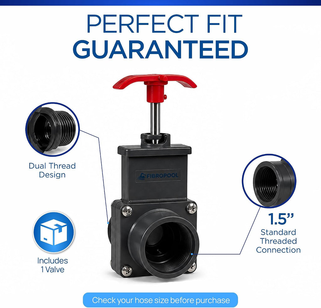 FibroPool Gate Valve - Dual Threaded Shut-Off - 1.5 in - Plastic