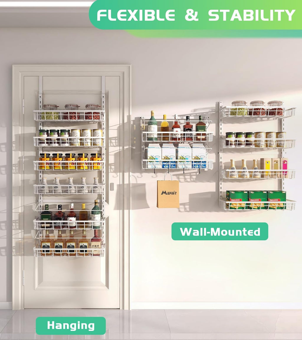 Over The Door Pantry Organizer, Wall Mount Spice Rack, Pantry Hanging Storage and Organization, 6 Adjustable Baskets
