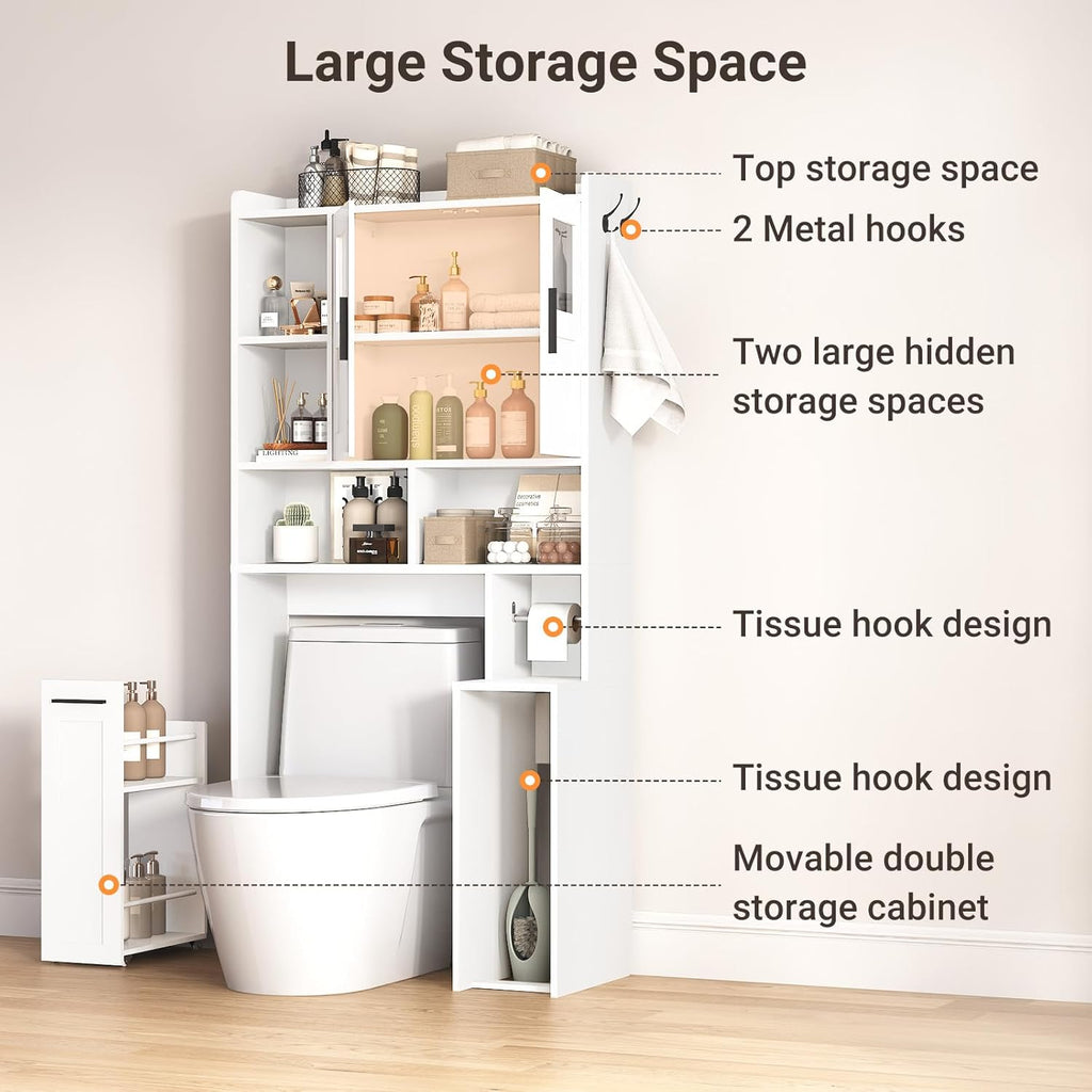 Over The Toilet Storage Cabinet with Glass Doors & Pulley, White | Pull-Out Cabinet, Toilet Paper Holder, Side Hooks