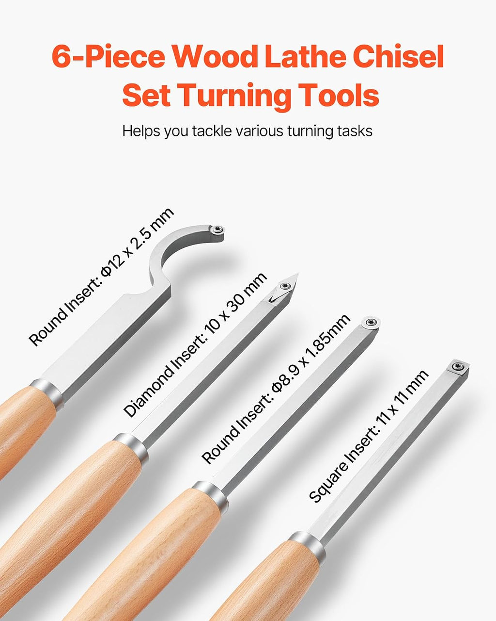 Wood Lathe Turning Tool Set, 6PCS Lathe Roughing Finishing Detailing Hollow Tool with Wooden Handle Diamond Round