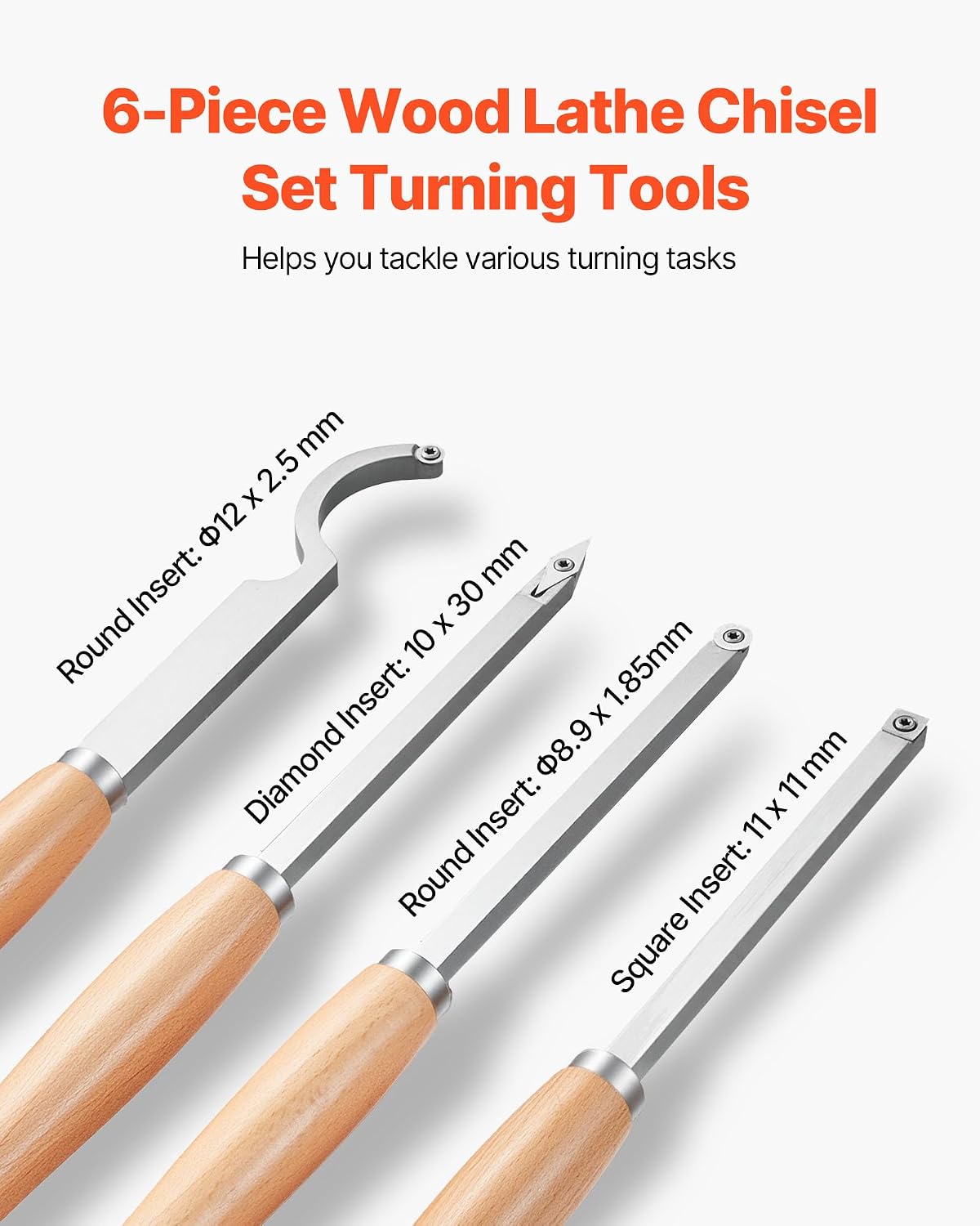 Wood Lathe Turning Tool Set, 6PCS Lathe Roughing Finishing Detailing Hollow Tool with Wooden Handle Diamond Round
