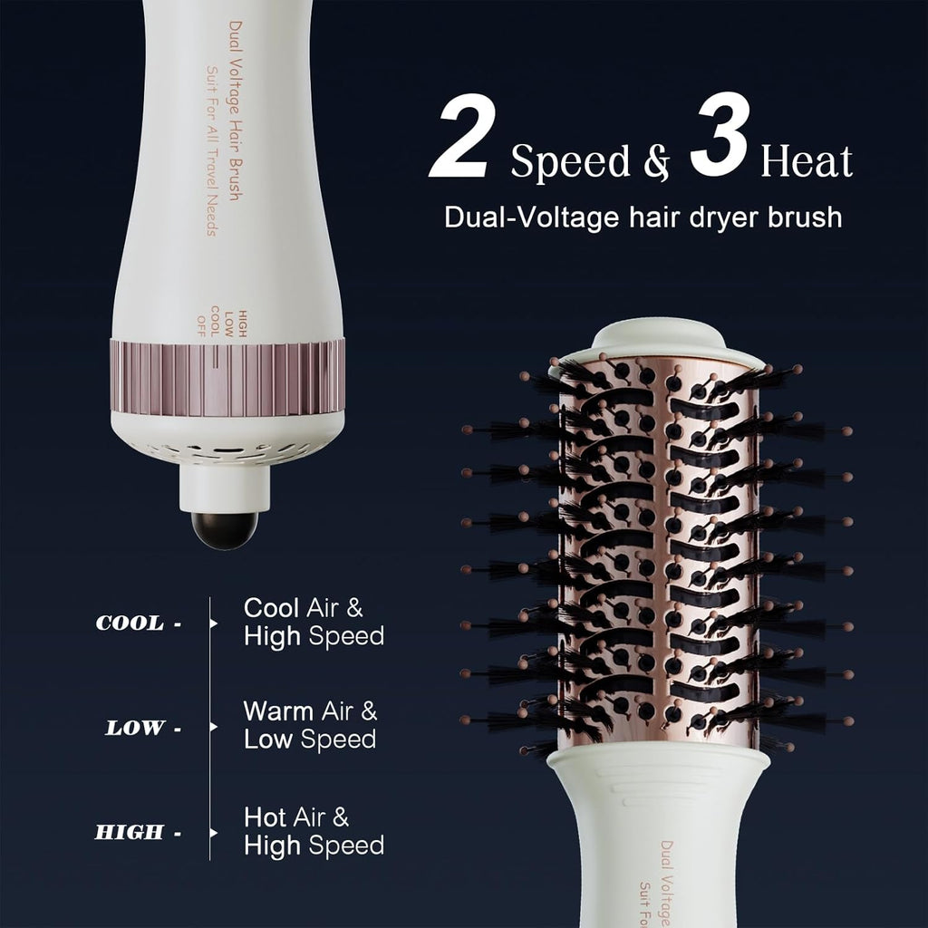 Travel Dual Voltage Hair Dryer Brush 4-IN-1 Portable Mini Hot Air Blow Dryer Straightener & Curler Brush, Titanium