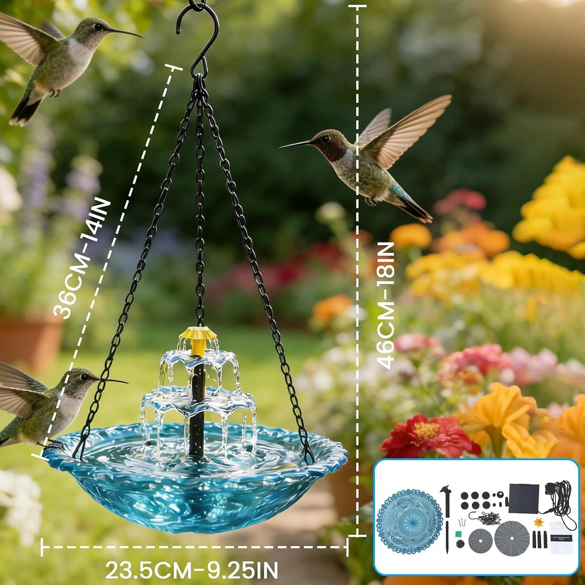 Solar Cascade Hanging Bird Bath Fountain, 3-Tier Hanging Solar Bird Bath with Detachable Solar Panel, 5ft Extension