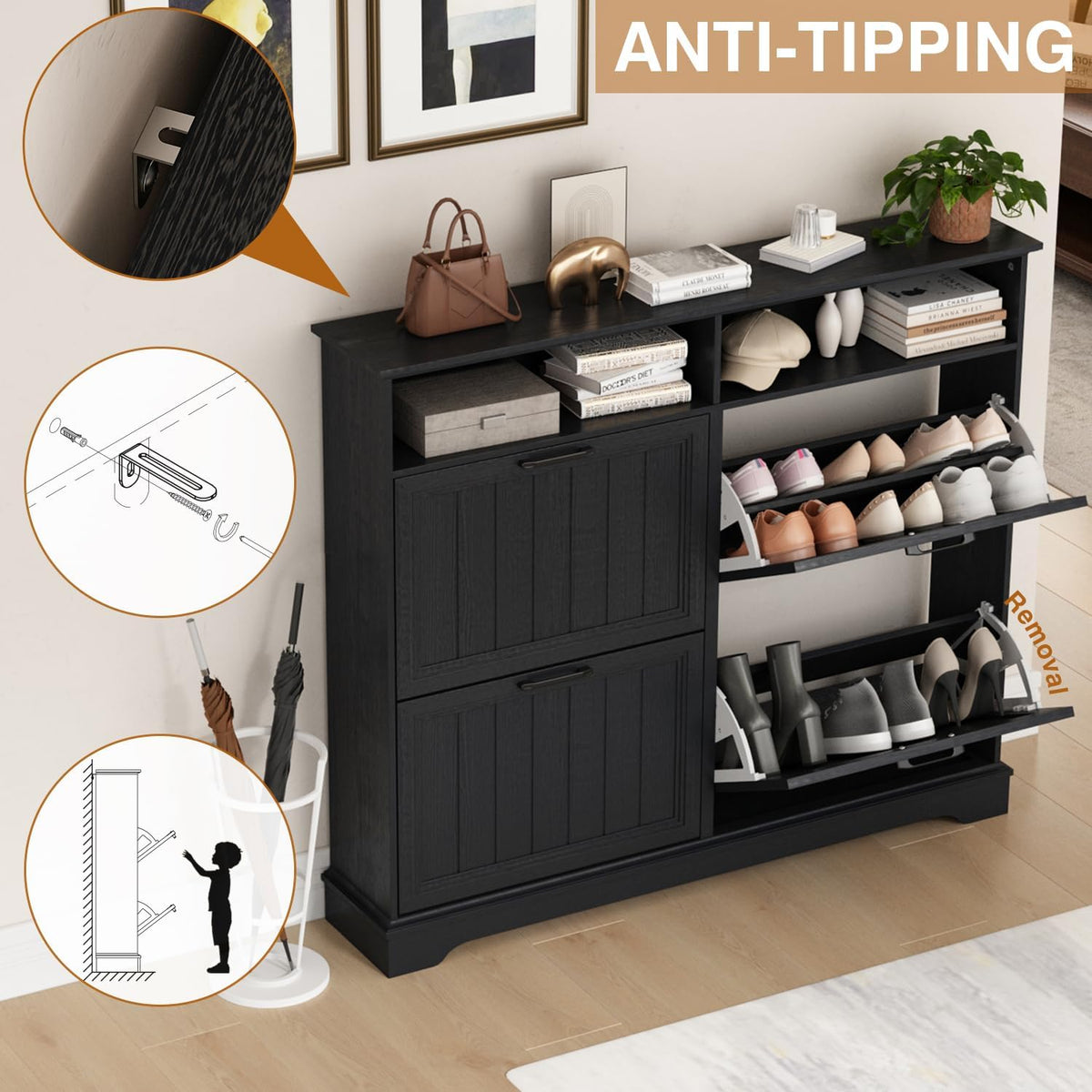 Hidden Shoe Storage Cabinet with 4 Flip Drawers & Open Storage