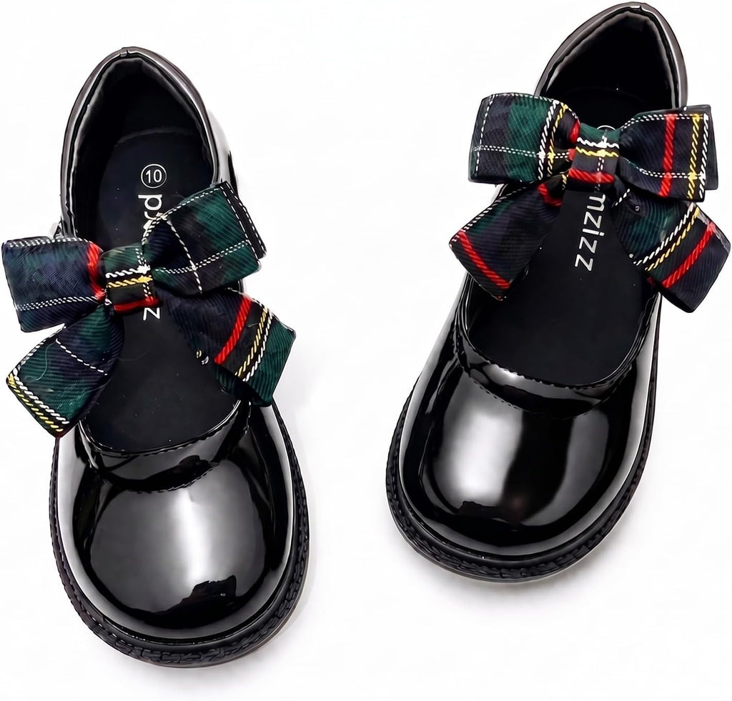 Girls Black Mary Jane Dress Shoes School Shoes | Bow Soft Insole Hook‑and‑Loop Strap Flats for Toddler Little & Big Girl