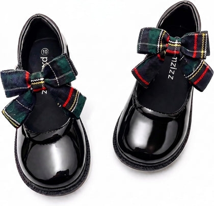 Girls Black Mary Jane Dress Shoes School Shoes | Bow Soft Insole Hook‑and‑Loop Strap Flats for Toddler Little & Big Girl