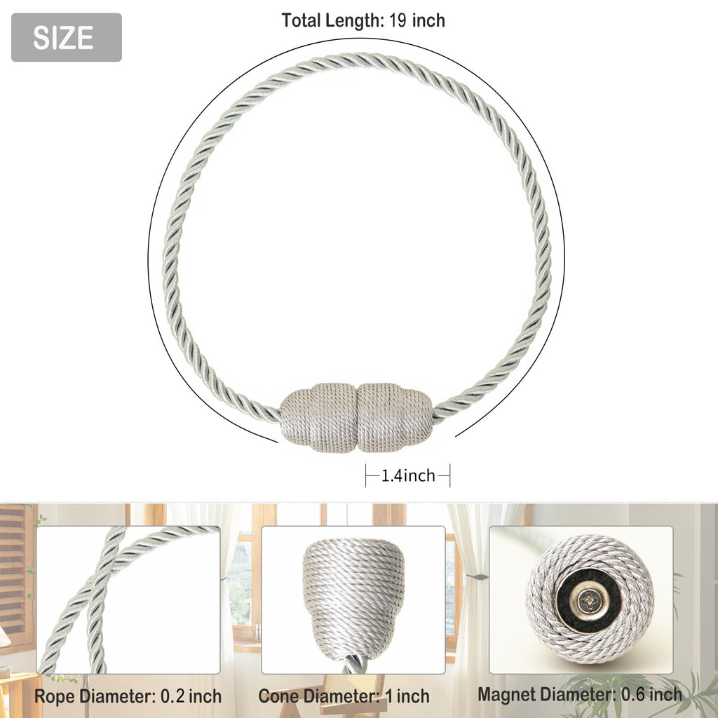 Magnetic Curtain Tiebacks - Rope Tiebacks for Curtains & Drapes, Decorative Window Holdbacks, Grey (2 Pack)