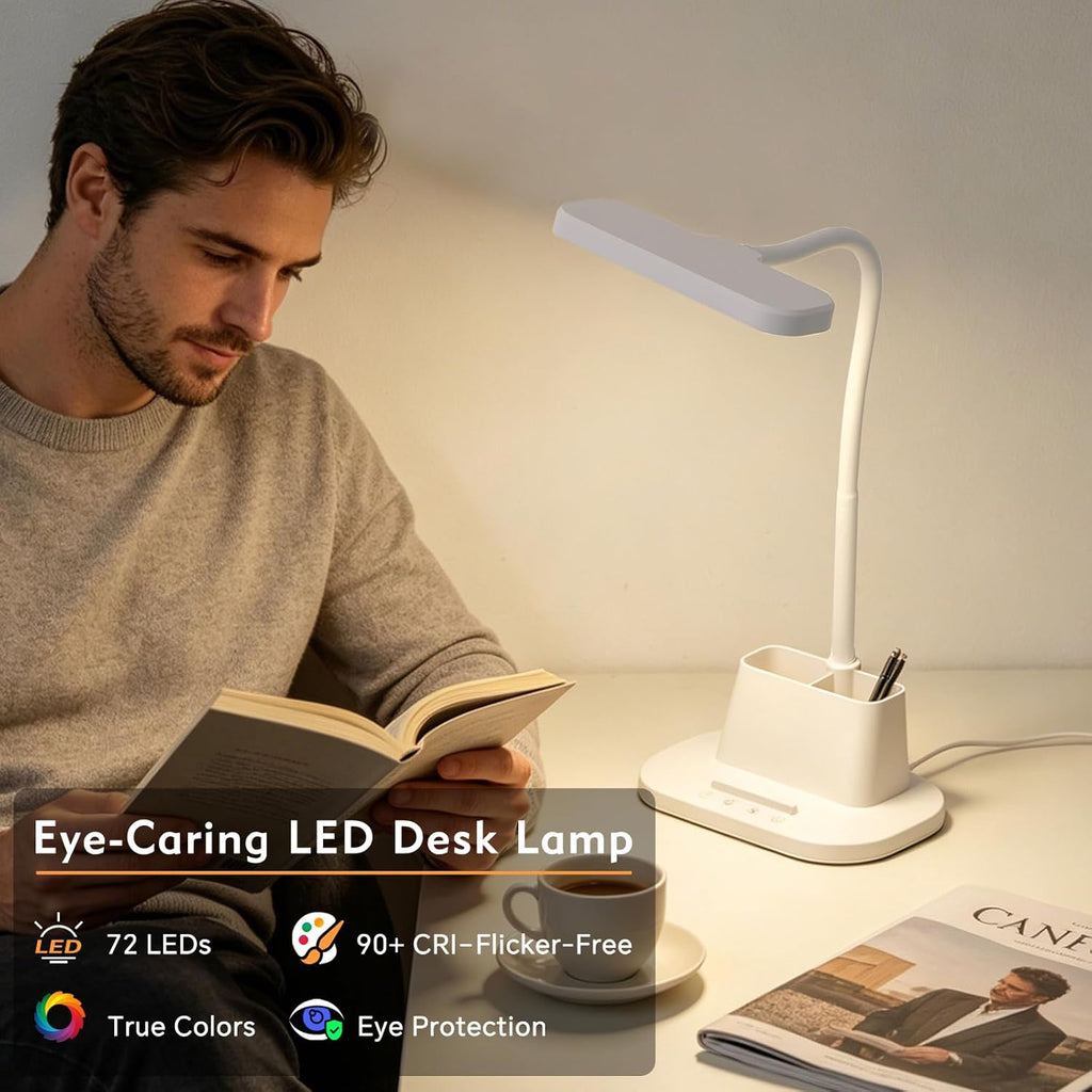 LED Desk Lamp for Dorm Small Desk Lamp with Pen Holder 5 Color Modes White | Dimmable Touch Control, USB Charging