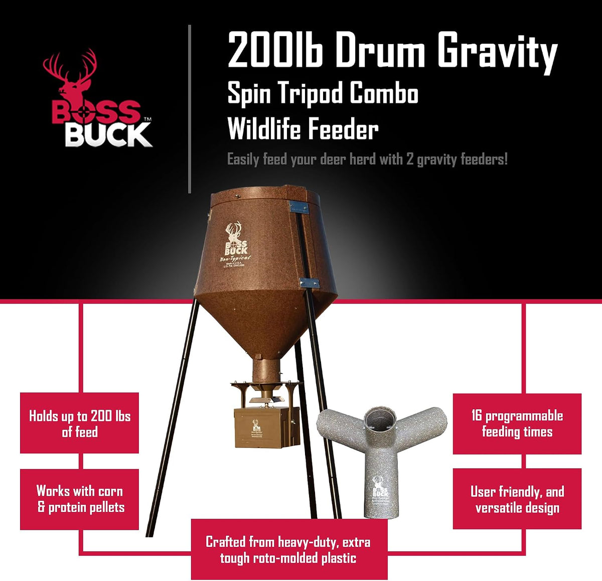 200 LB Deer Feeder/Hunting Durable Lightweight Plastic UV Protected Waterproof Game Feeder with Protein 3 Feed Tubes