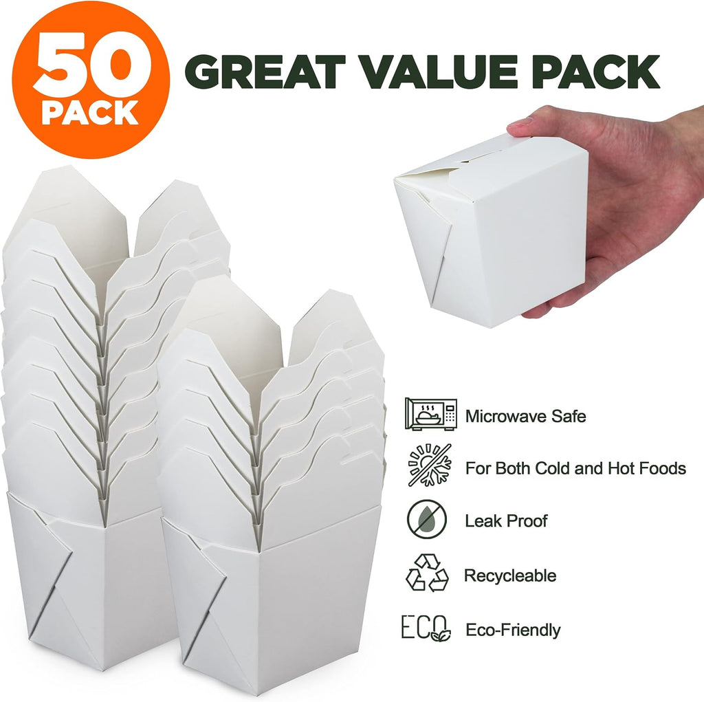 16 oz Chinese Take Out Boxes 50 Pack Plain White Paperboard Food Containers, Leak and Grease Resistant Pint Size