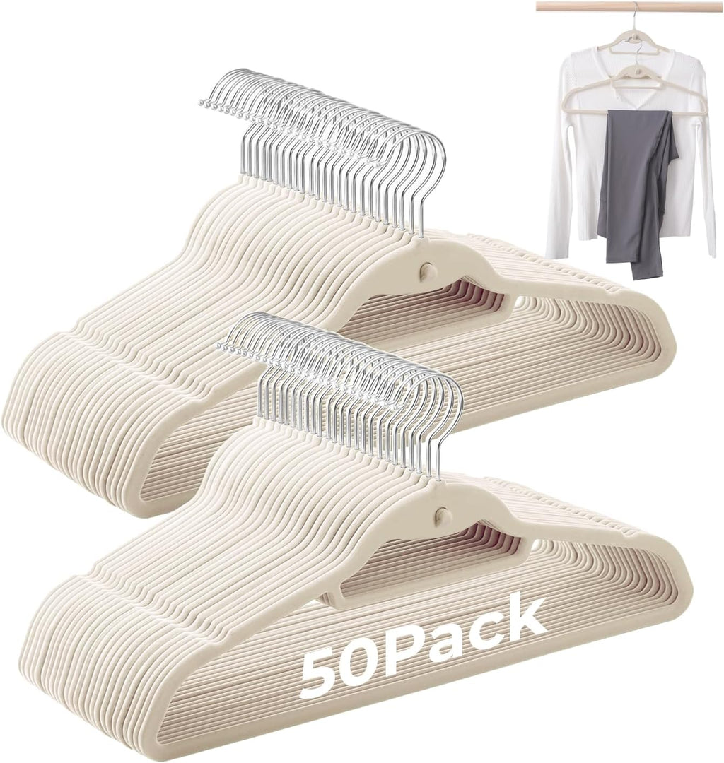 Ivory Velvet Hangers, Stackable Hanger with Non Slip Felt Fabric | Ultra Thin and Space Saving with 360° Swivel Hook