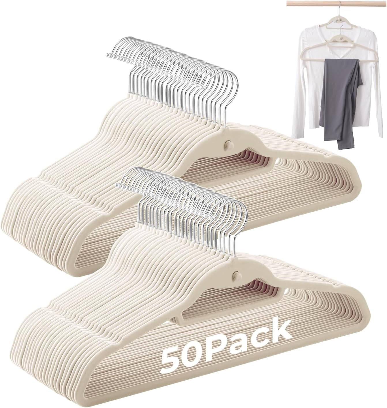 Ivory Velvet Hangers, Stackable Hanger with Non Slip Felt Fabric | Ultra Thin and Space Saving with 360° Swivel Hook