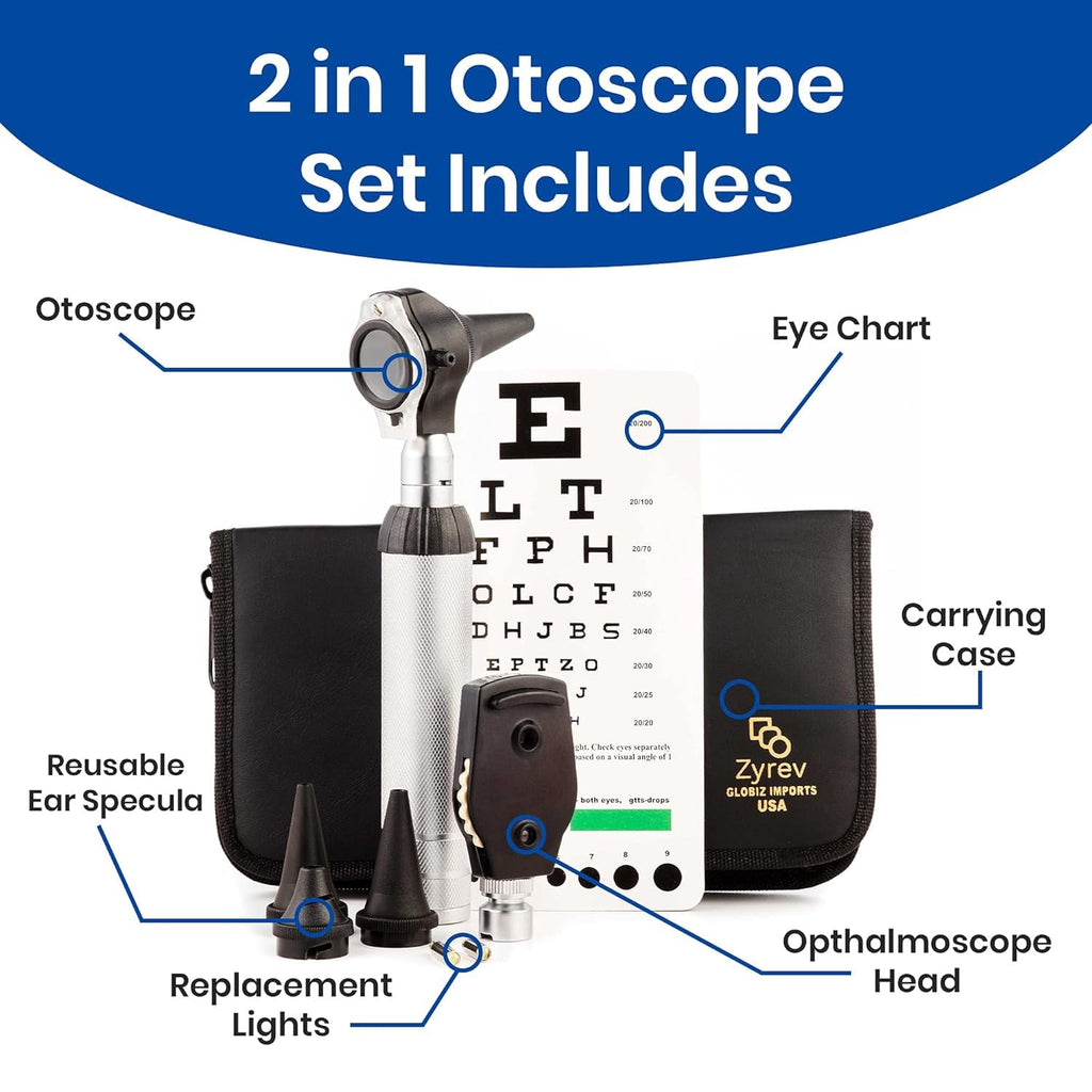 2 in 1 Otoscope Oph Set - Perfect for Nursing & Medical Students with Carry Case, Sight Chart & Replacement Ear