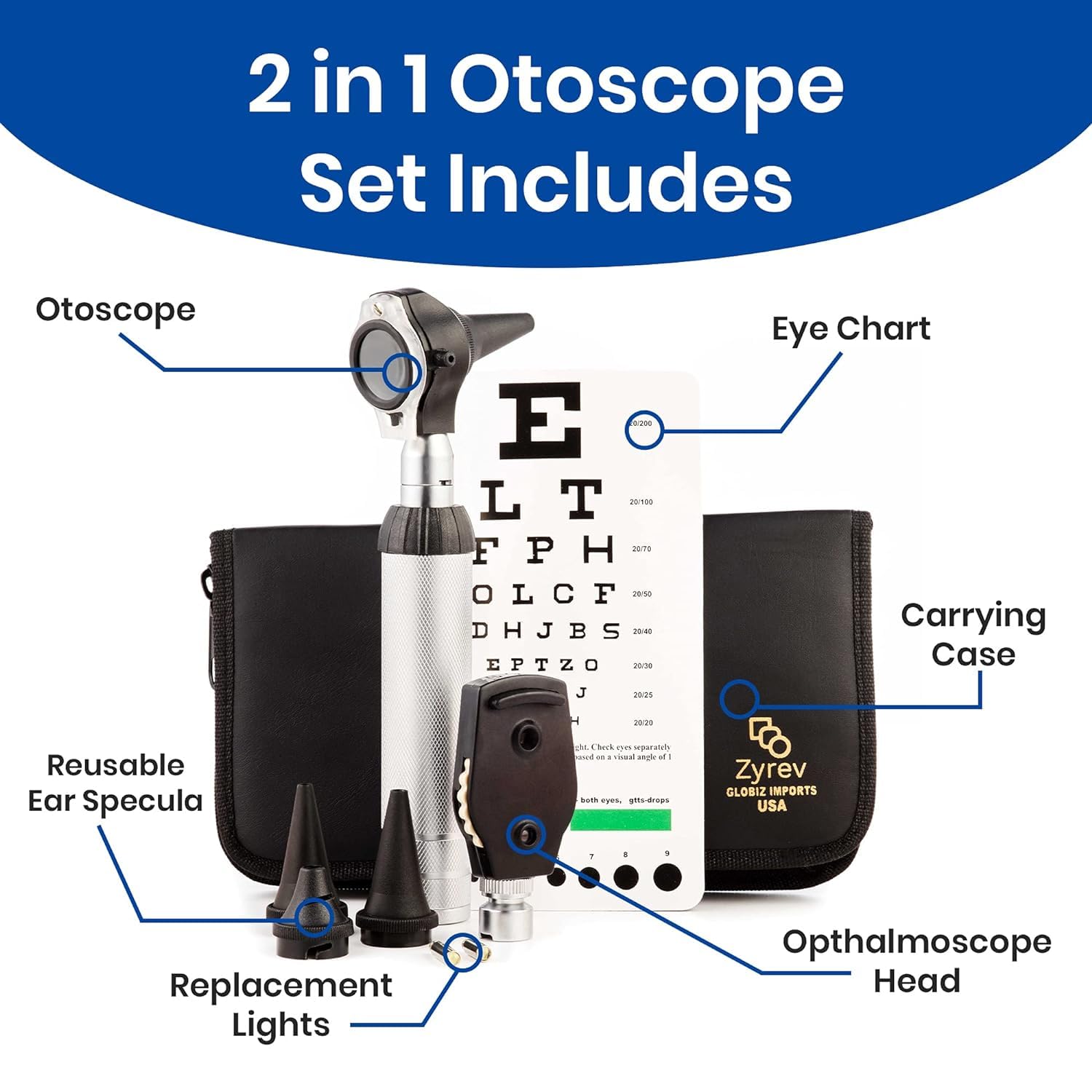 2 in 1 Otoscope Oph Set - Perfect for Nursing & Medical Students with Carry Case, Sight Chart & Replacement Ear