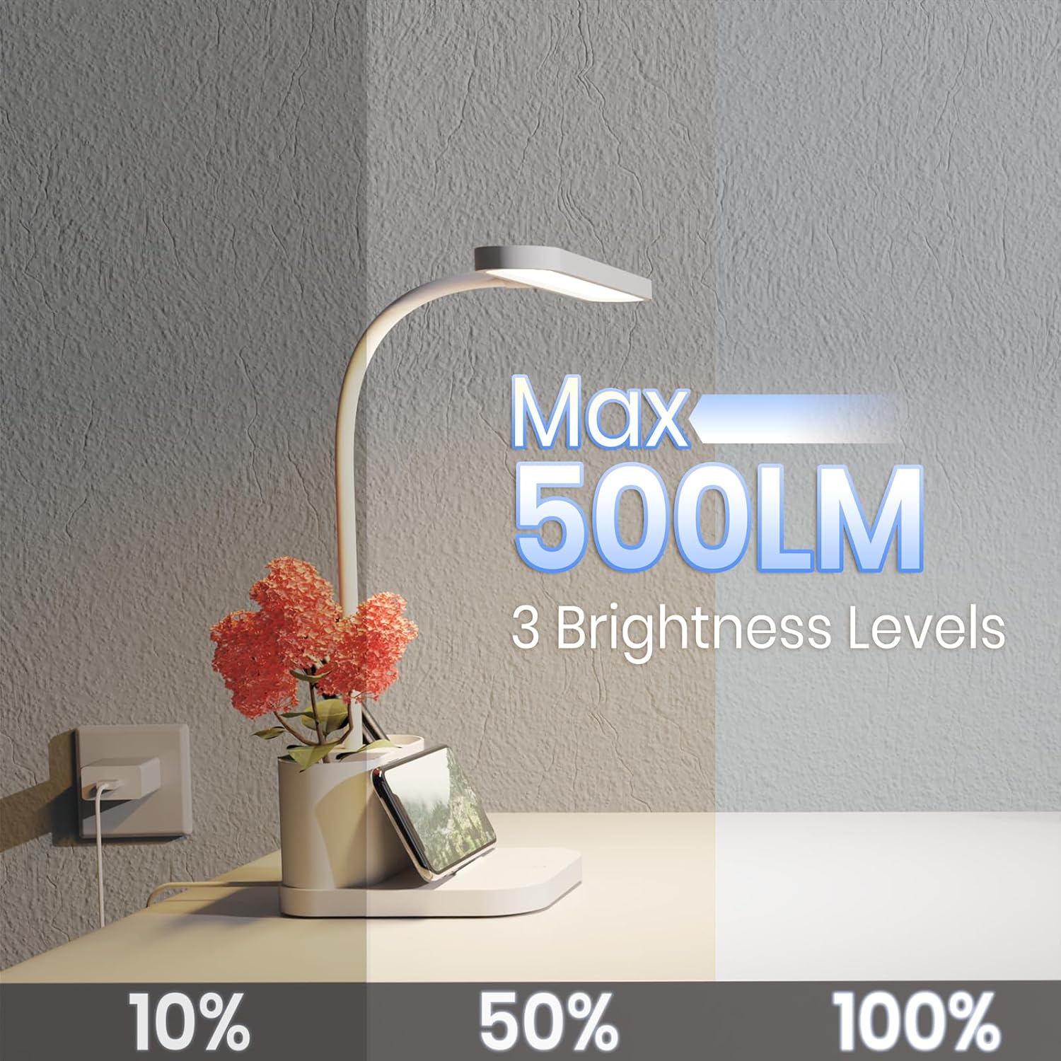 White Desk Lamp for College Dorm Room, Cute Table Light for Girls Guys