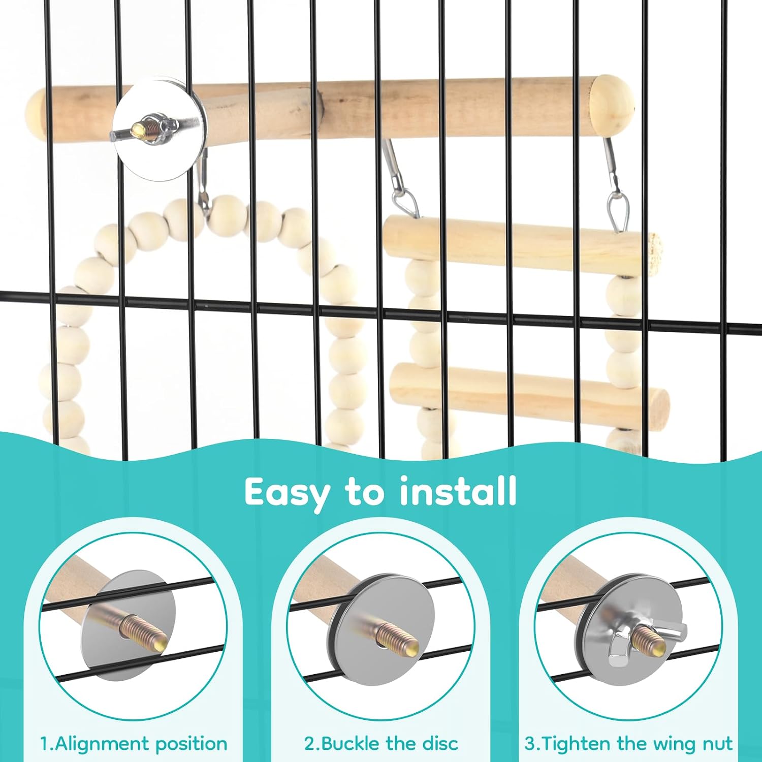 5in1 Bird Toys, Birdie Perches Platform Swing with Stainless Steel Feeding Cup Climbing Ladder, Wooden Play Gym for